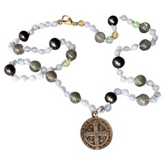 Egyptian Opal  Necklace Bead Choker Silver Medal Cross Labradorite