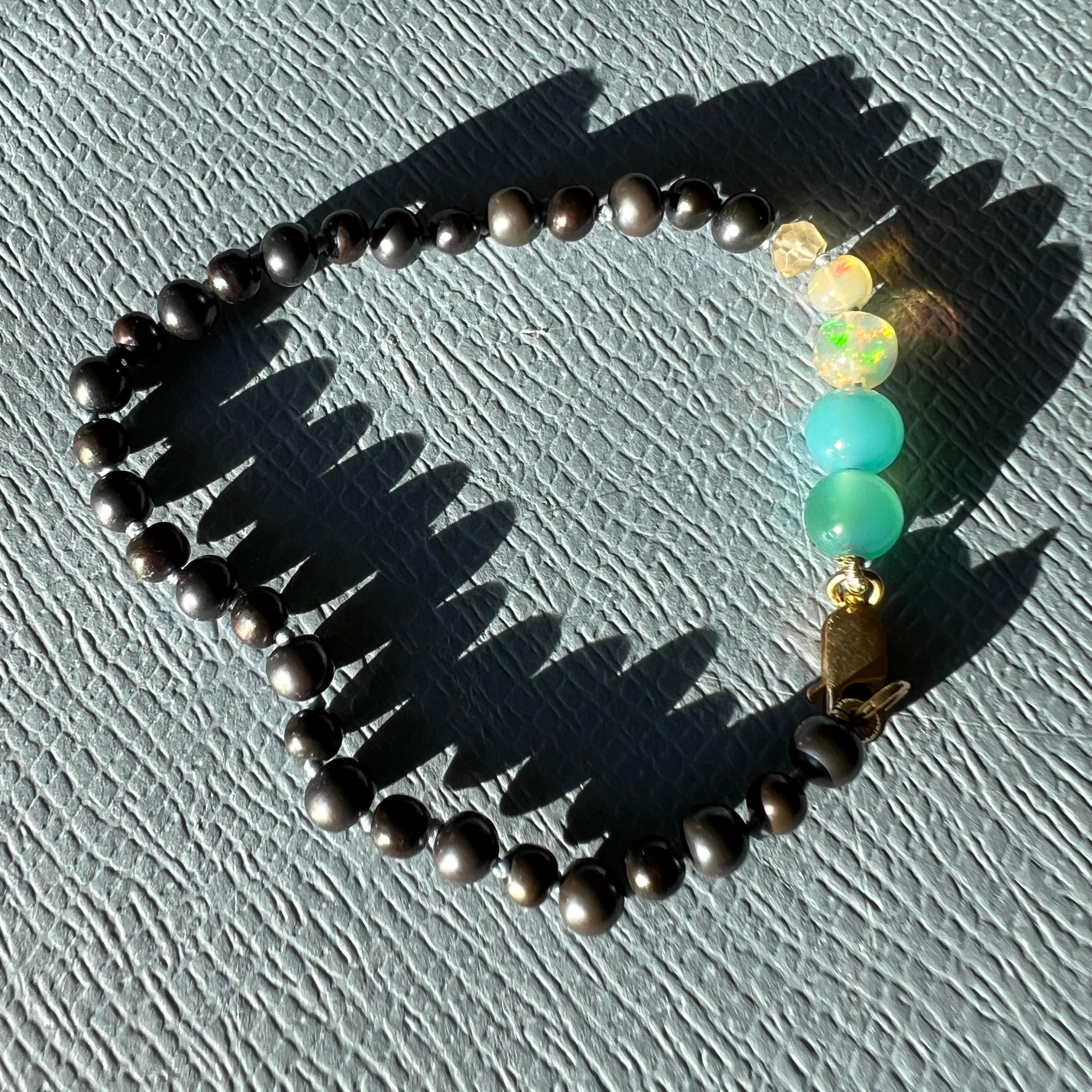 Modern Egyptian Opal Turquoise Colored Gem Black Pearl Bracelet For Sale