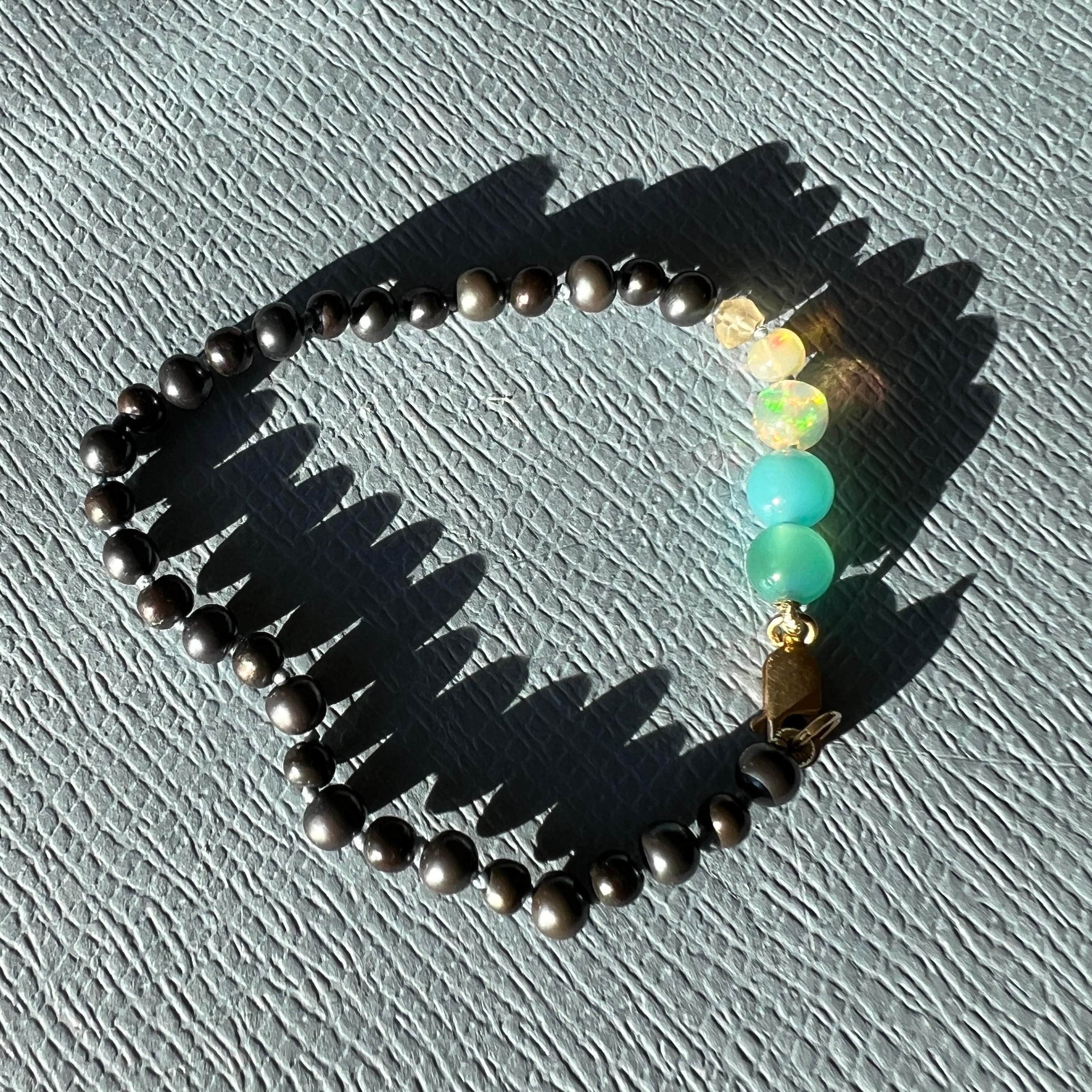 Round Cut Egyptian Opal Turquoise Colored Gem Black Pearl Bracelet For Sale