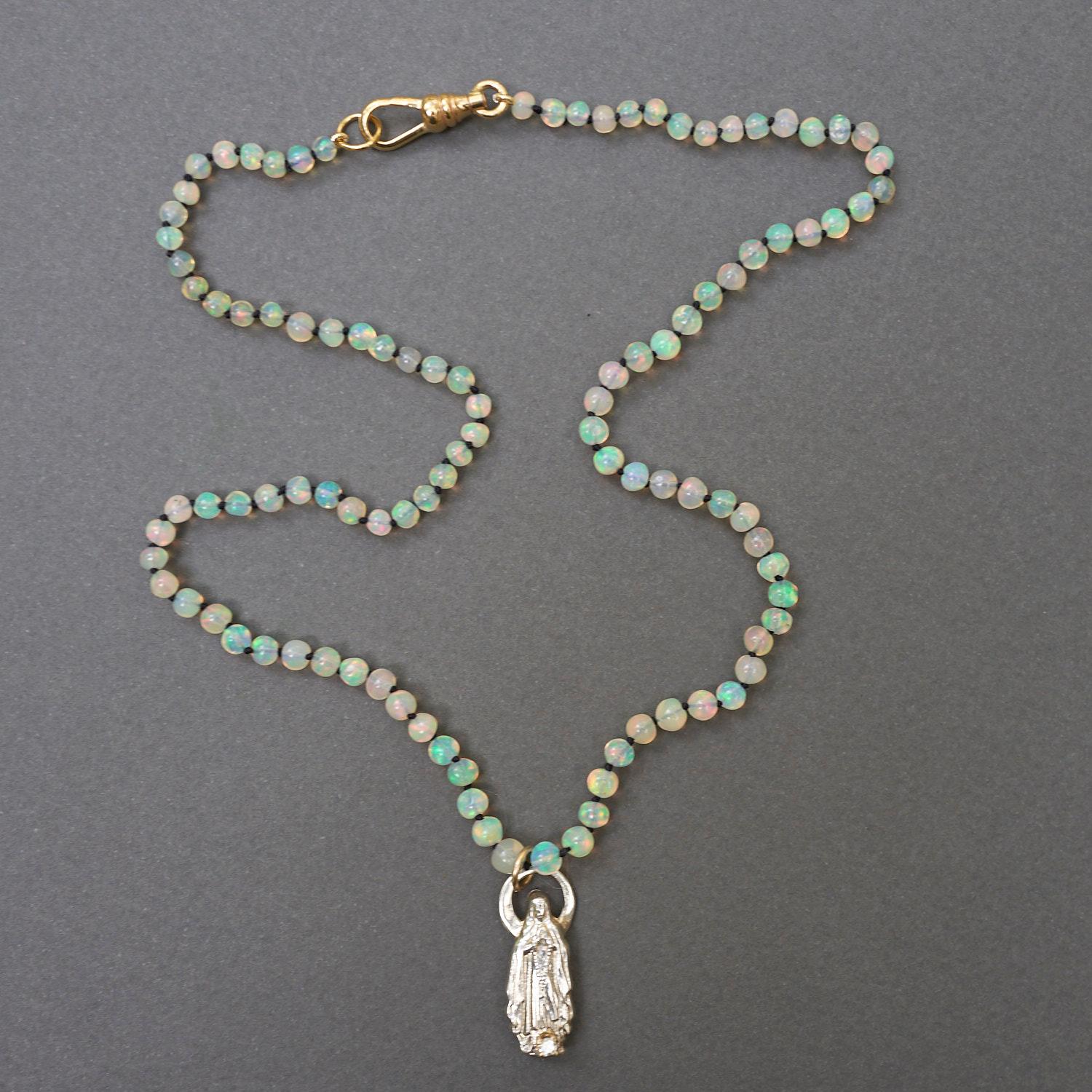 Egyptian Opal White Diamond Choker Necklace Solid Silver Virgin Mary J Dauphin In New Condition For Sale In Los Angeles, CA