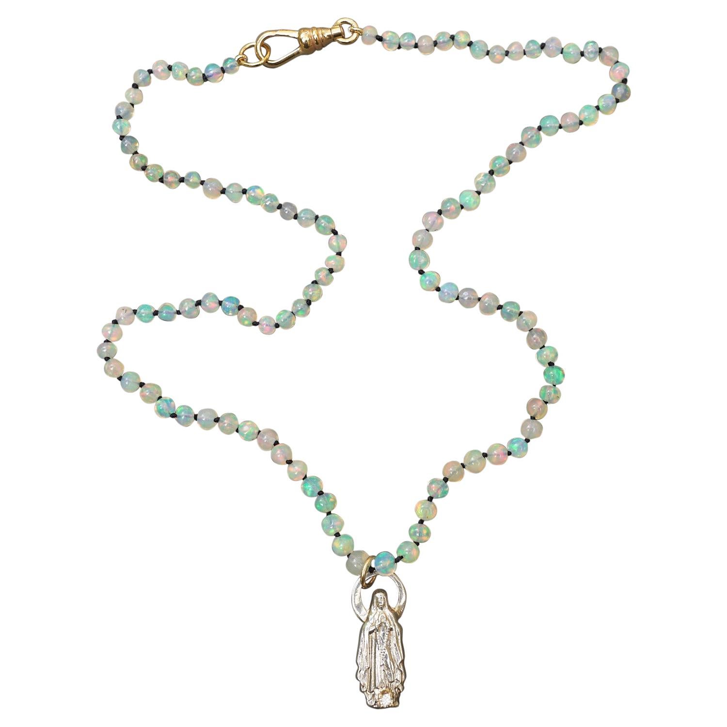 Egyptian Opal White Diamond Choker Necklace Solid Silver Virgin Mary J Dauphin For Sale