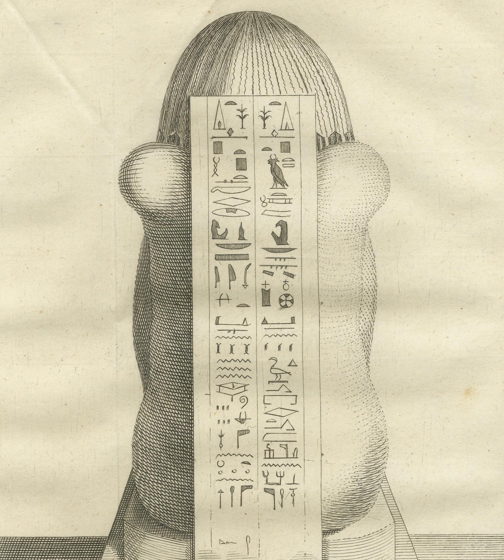 Estatua egipcia de Osiris con jeroglíficos - Vistas frontal y posterior Grabado

Este par de grabados antiguos presenta una convincente representación de una antigua estatua egipcia de Osiris, mostrada por delante y por detrás, con ricas