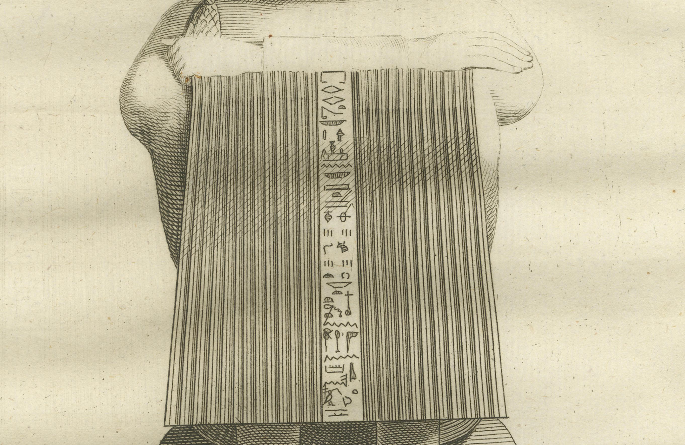 Estatua egipcia de Osiris con jeroglíficos - Vistas frontal y posterior Grabado, c.1776 en Bueno estado para la venta en Langweer, NL