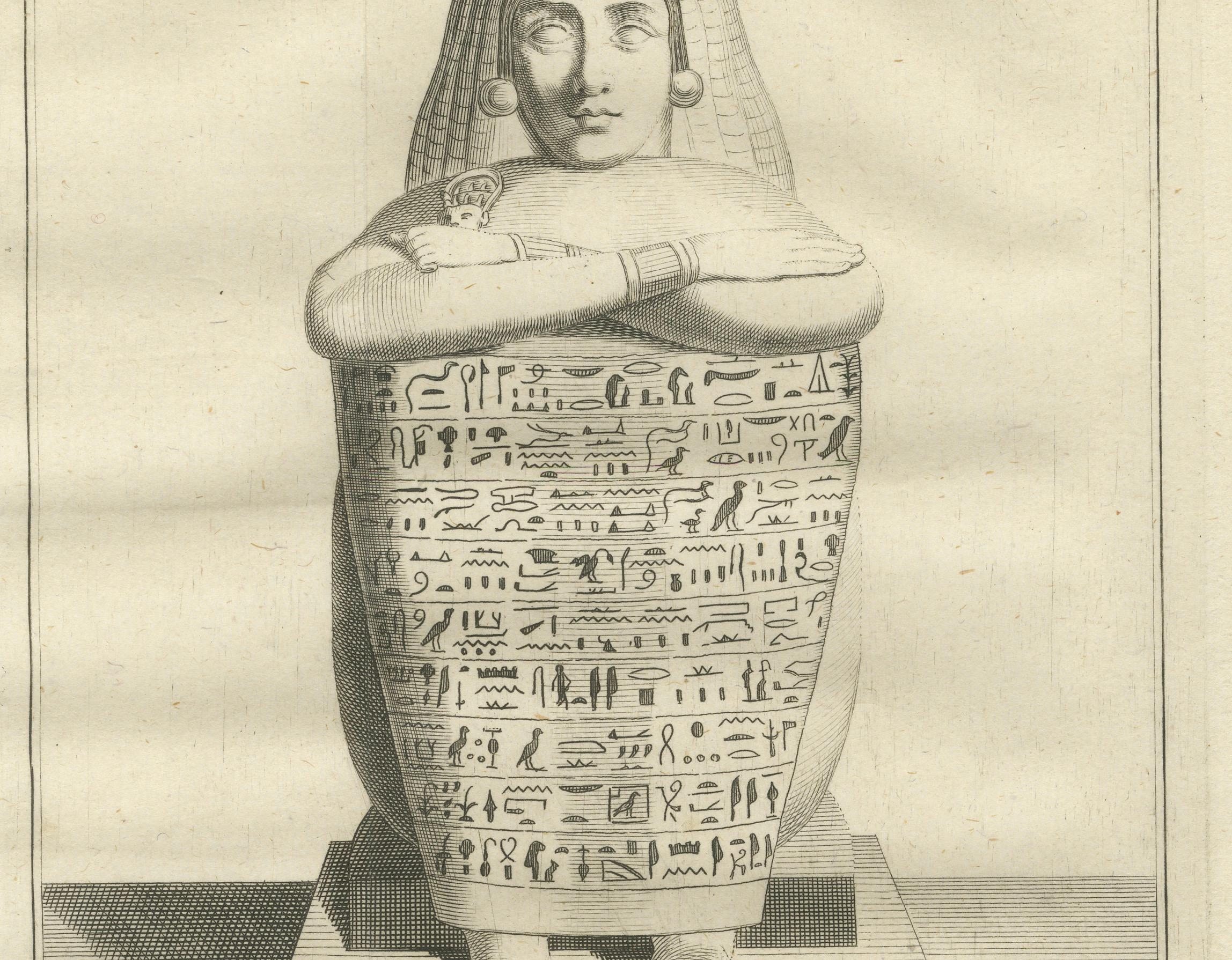 Estatua egipcia de Osiris con jeroglíficos - Vistas frontal y posterior Grabado, c.1776 Papel en venta