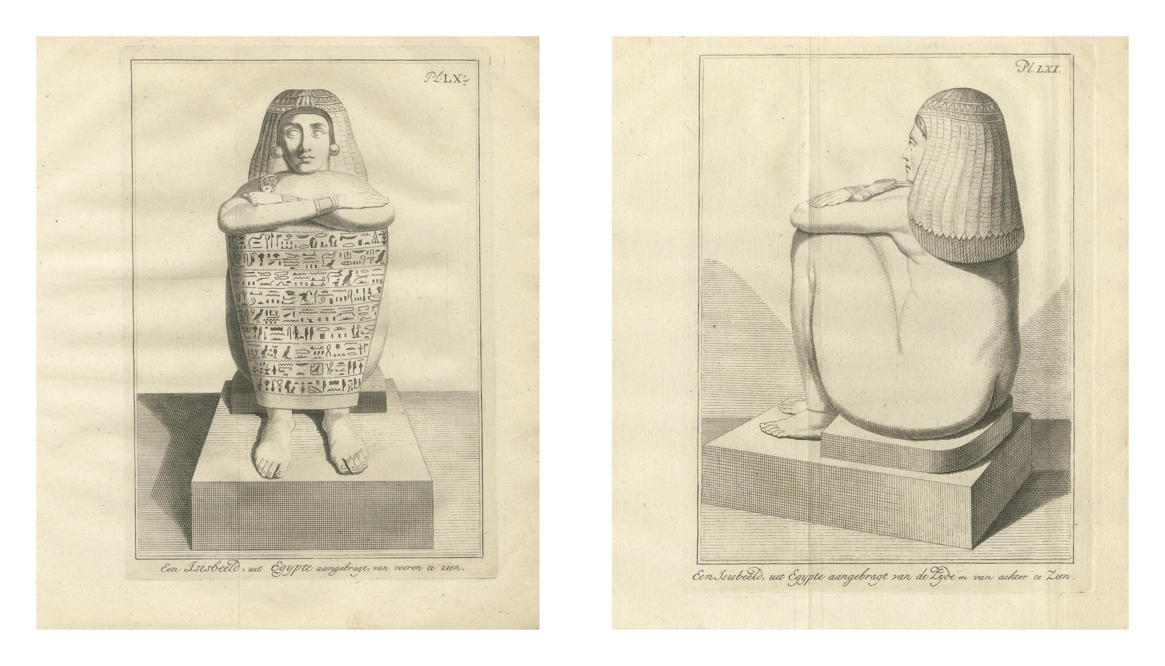 Estatua egipcia de Osiris con jeroglíficos - Vistas frontal y posterior Grabado, c.1776 en venta 1