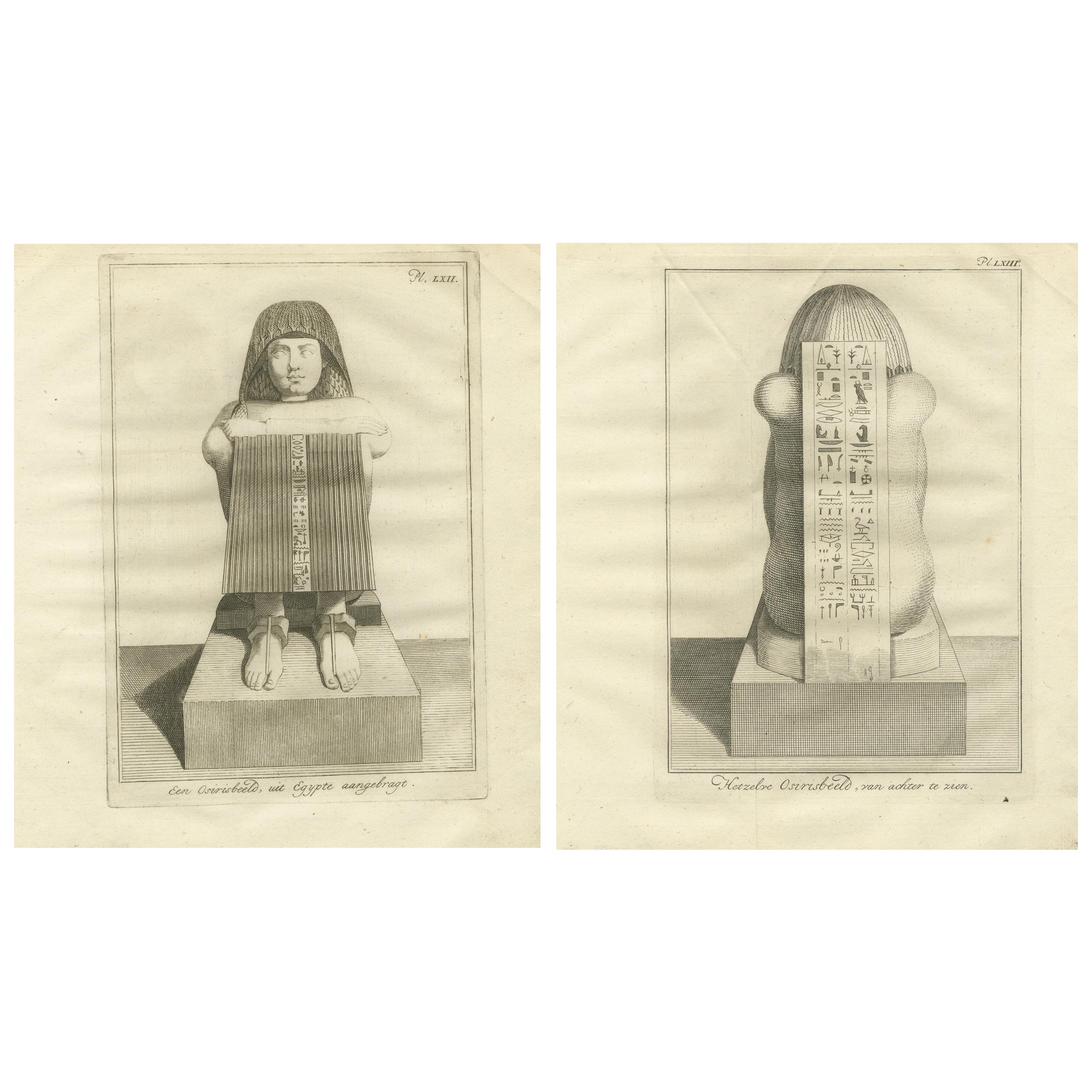 Ägyptische Osiris-Statue mit Hieroglyphen - Vorder- und Rückansicht Kupferstich, ca. 1776