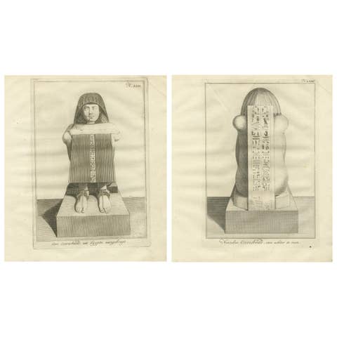 Egyptian Osiris Statue with Hieroglyphs – Front and Rear Views Engraving, c.1776
