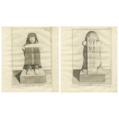 Estatua egipcia de Osiris con jeroglíficos - Vistas frontal y posterior Grabado, c.1776