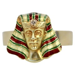 Vintage Egyptian Pharaoh 14 Karat Enamel Ring with Diamond in Headress