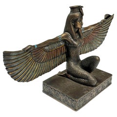 Egyptian Goddess Brass Tabletop Sculpture of Winged Deity Isis