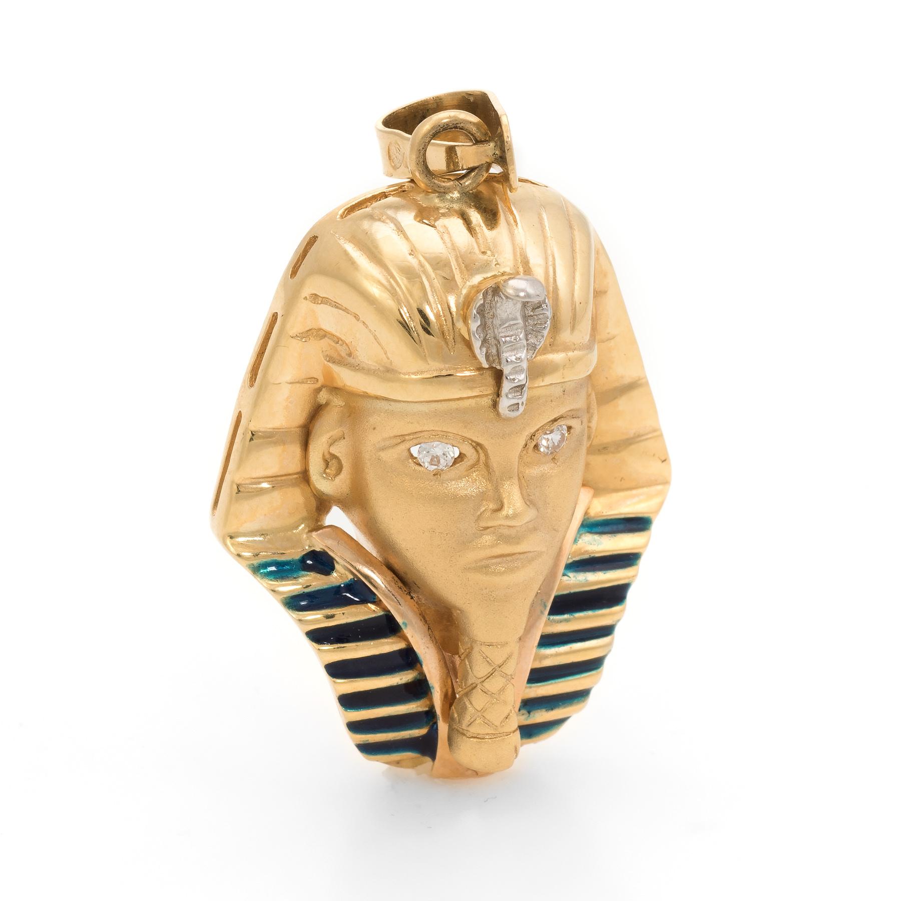 Finely detailed pendant featuring Egyptian Pharaoh Tutankhamun, crafted in 18 karat yellow gold.  

Egyptian motifs have been popular for centuries, particularly in the 1920s with the discovery of King Tuts tomb. The satin finished face is set with