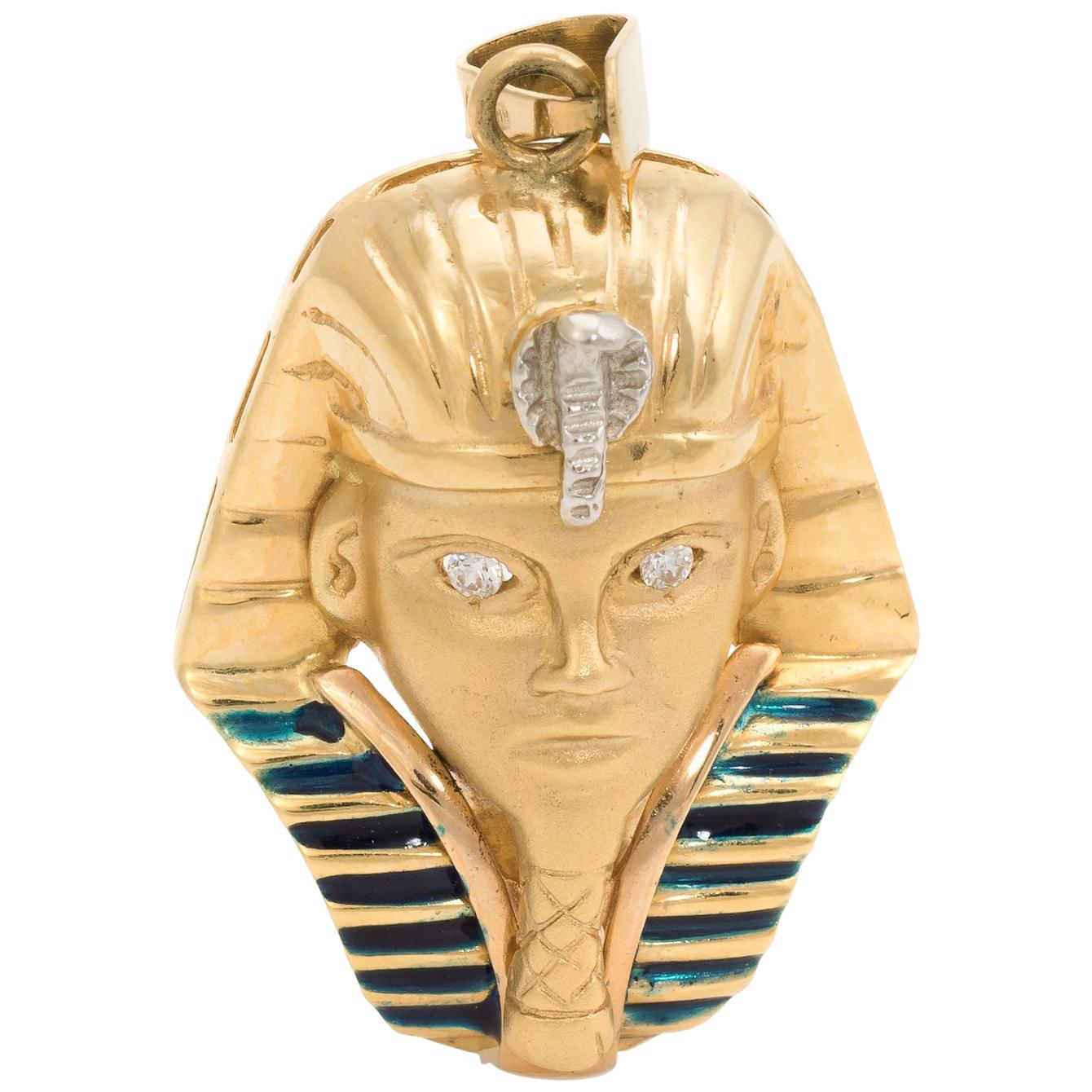 Egyptian Pharaoh Pendant Tutankhamun King Tut Vintage 18k Gold Diamond Estate