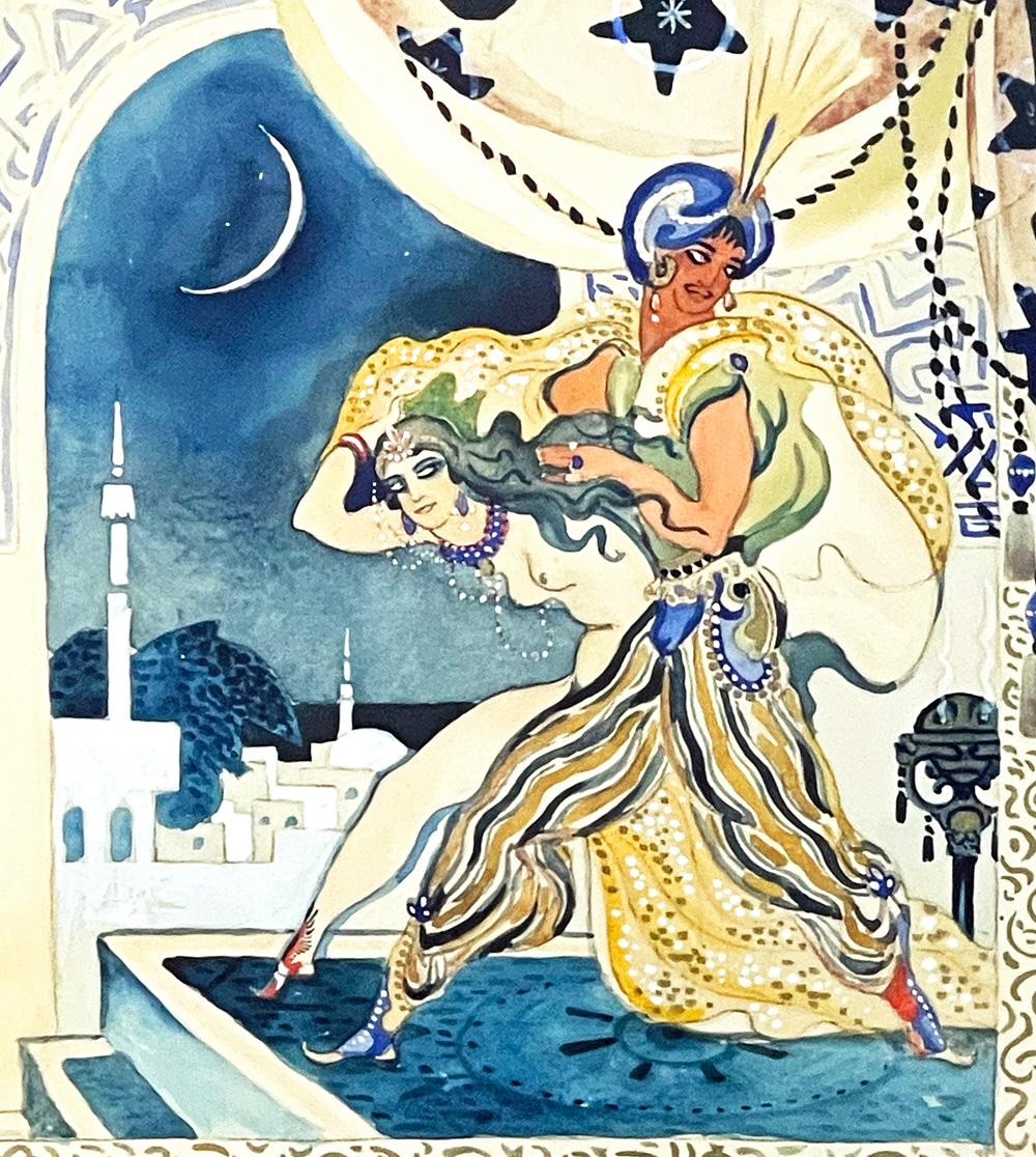 Exotic and highly atmospheric, this nocturnal Art Deco scene of the famed Egyptian prince, Saif ul Malook, from the fairy tale by Mian Muhammad Baskh, was painted by Gösta Adrian-Nilsson (or GAN), Sweden's leading Modernist painter in the 1920s, 30s