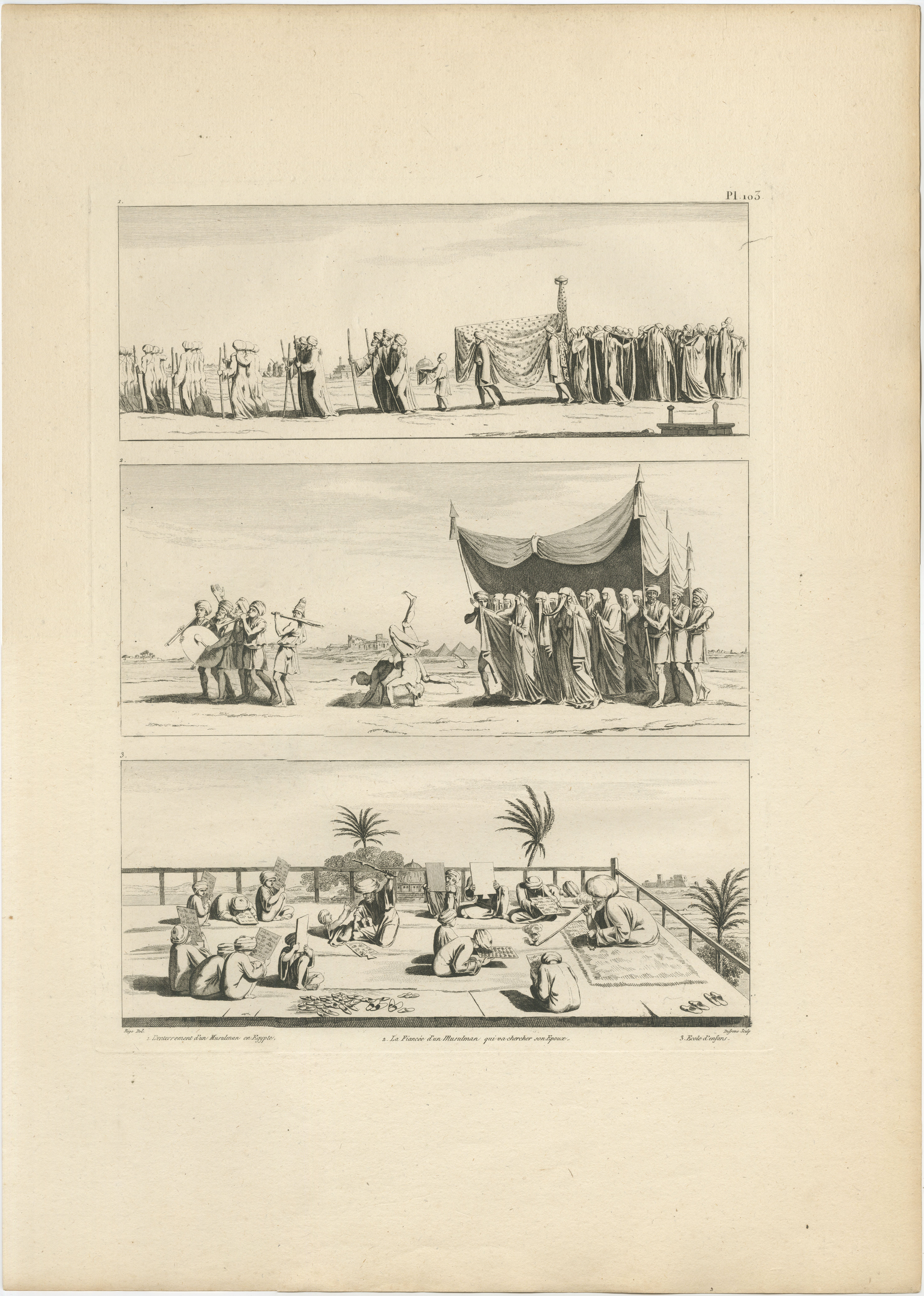 Processions égyptiennes et vie quotidienne, Denon, Napoléon Gravure, 1802 en vente