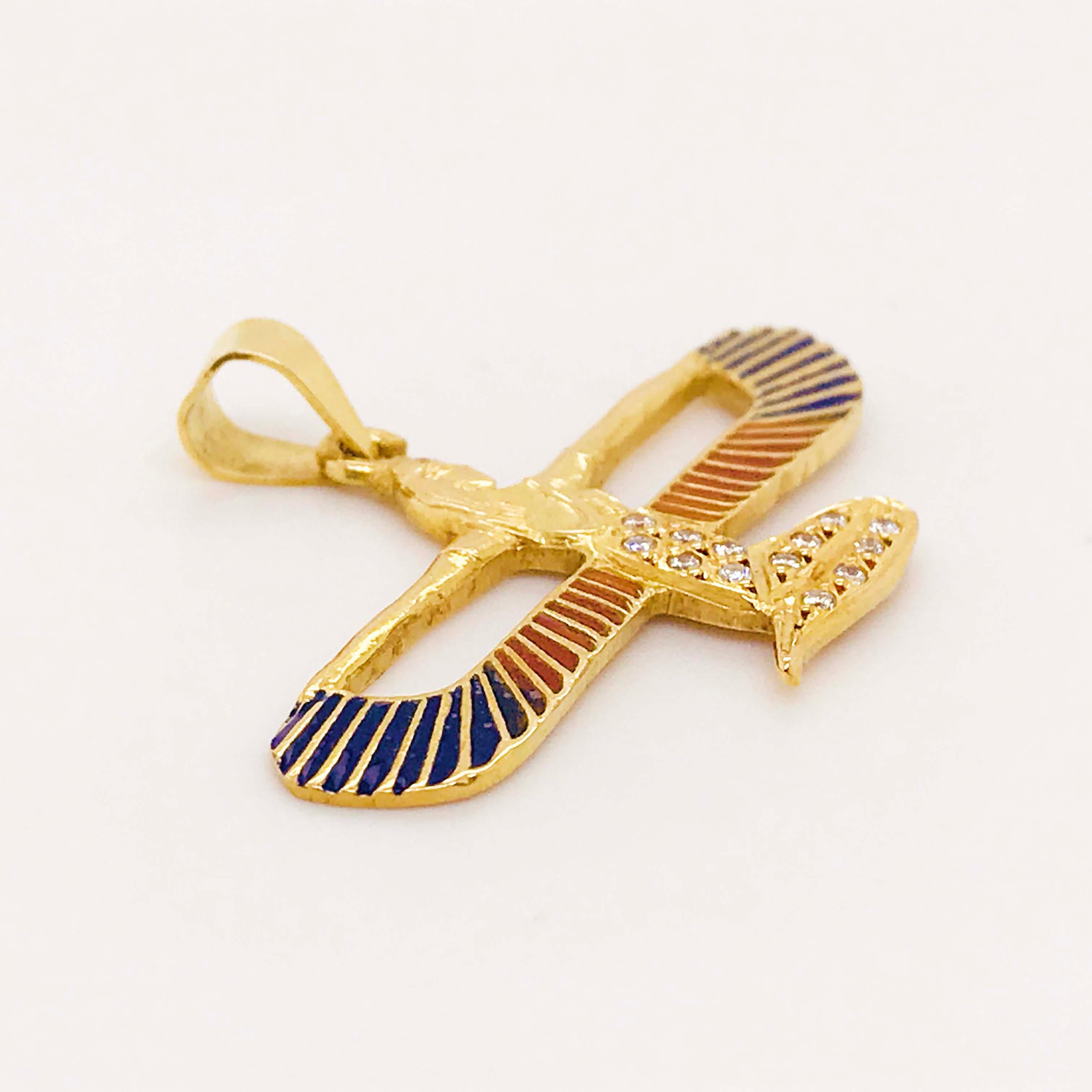 Egyptian Revival Egyptian Protection Goddess 0.15 Carat Diamond & Enamel Pendant, 14K Yellow Gold