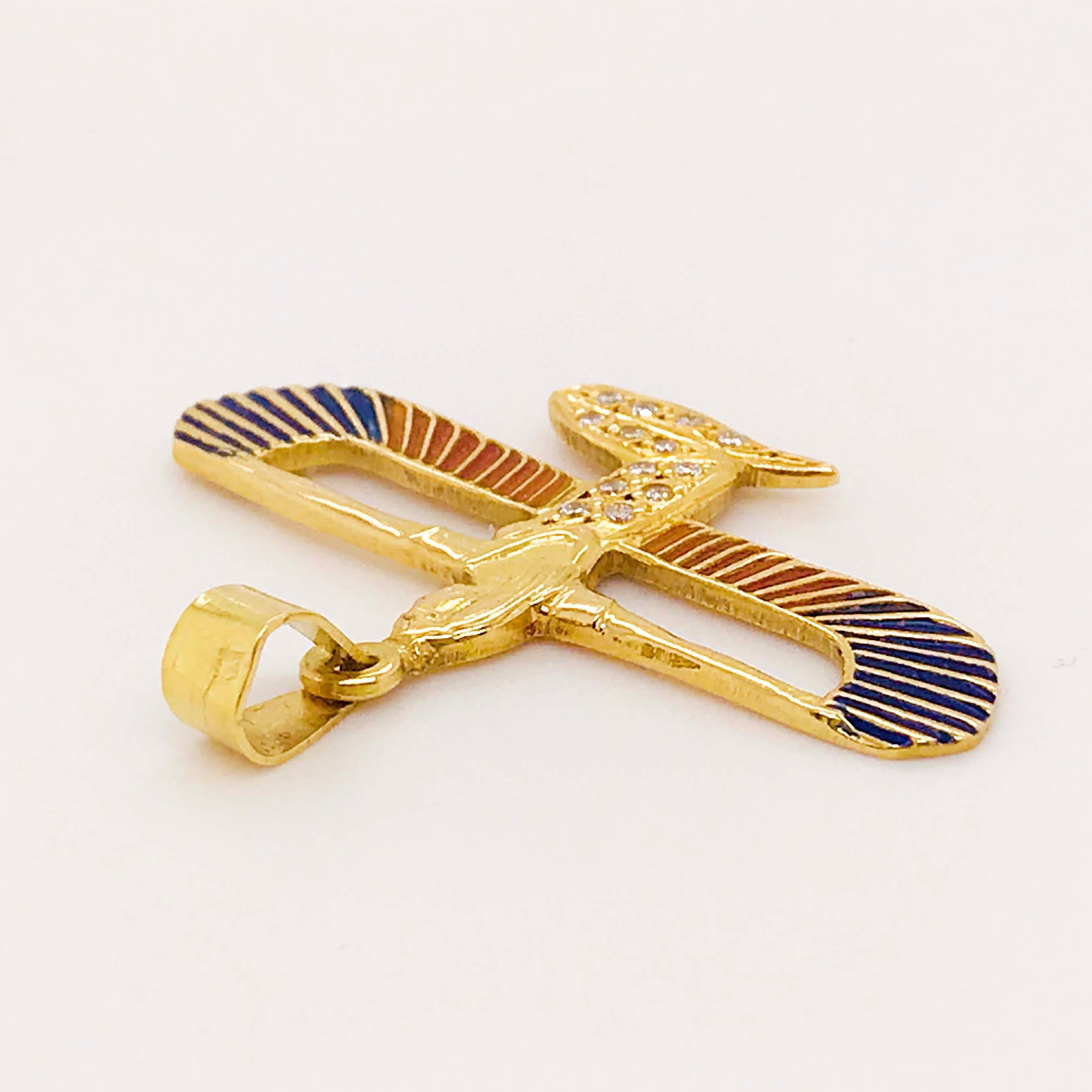 Round Cut Egyptian Protection Goddess 0.15 Carat Diamond & Enamel Pendant, 14K Yellow Gold