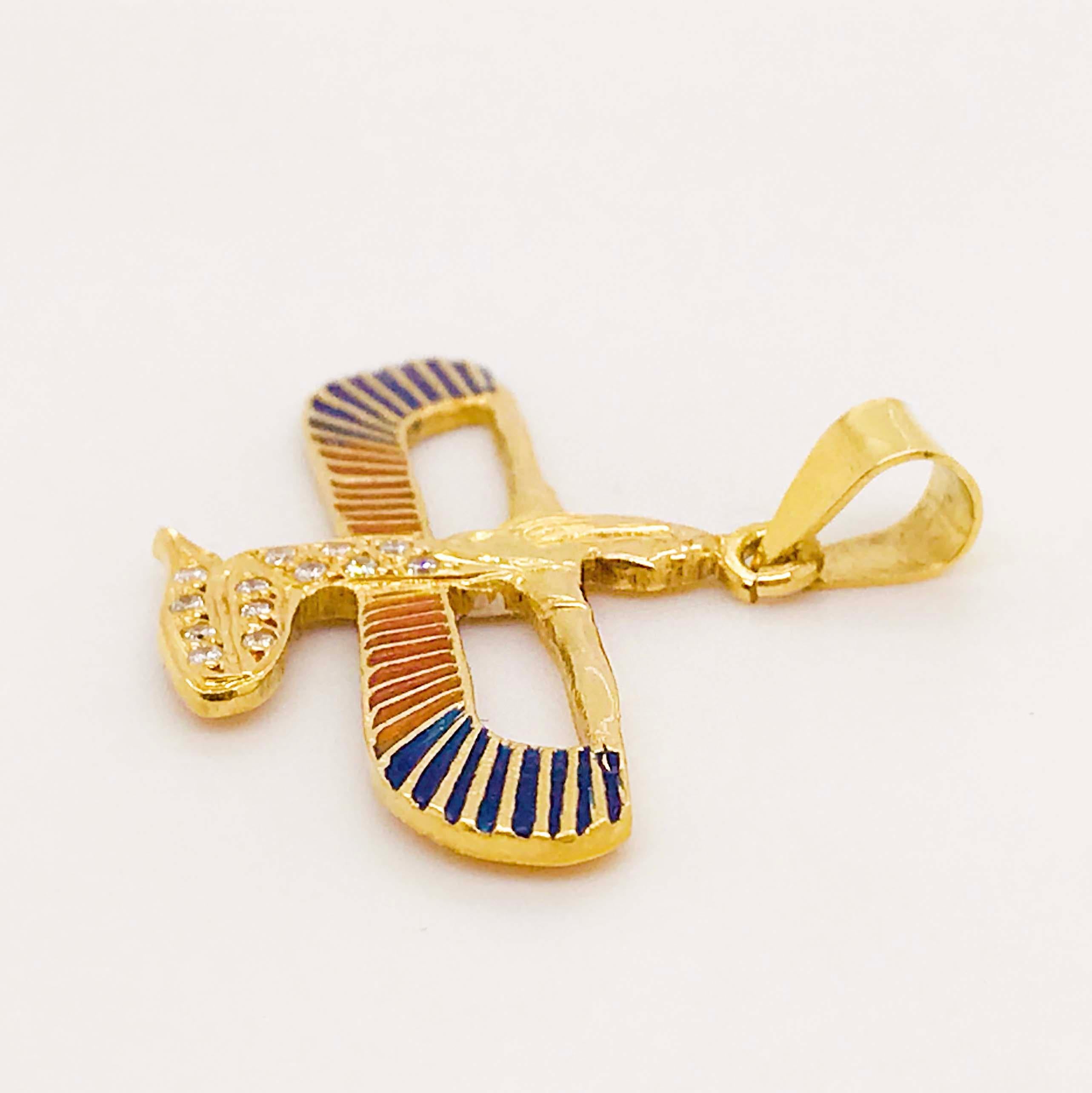Egyptian Protection Goddess 0.15 Carat Diamond & Enamel Pendant, 14K Yellow Gold In New Condition In Austin, TX