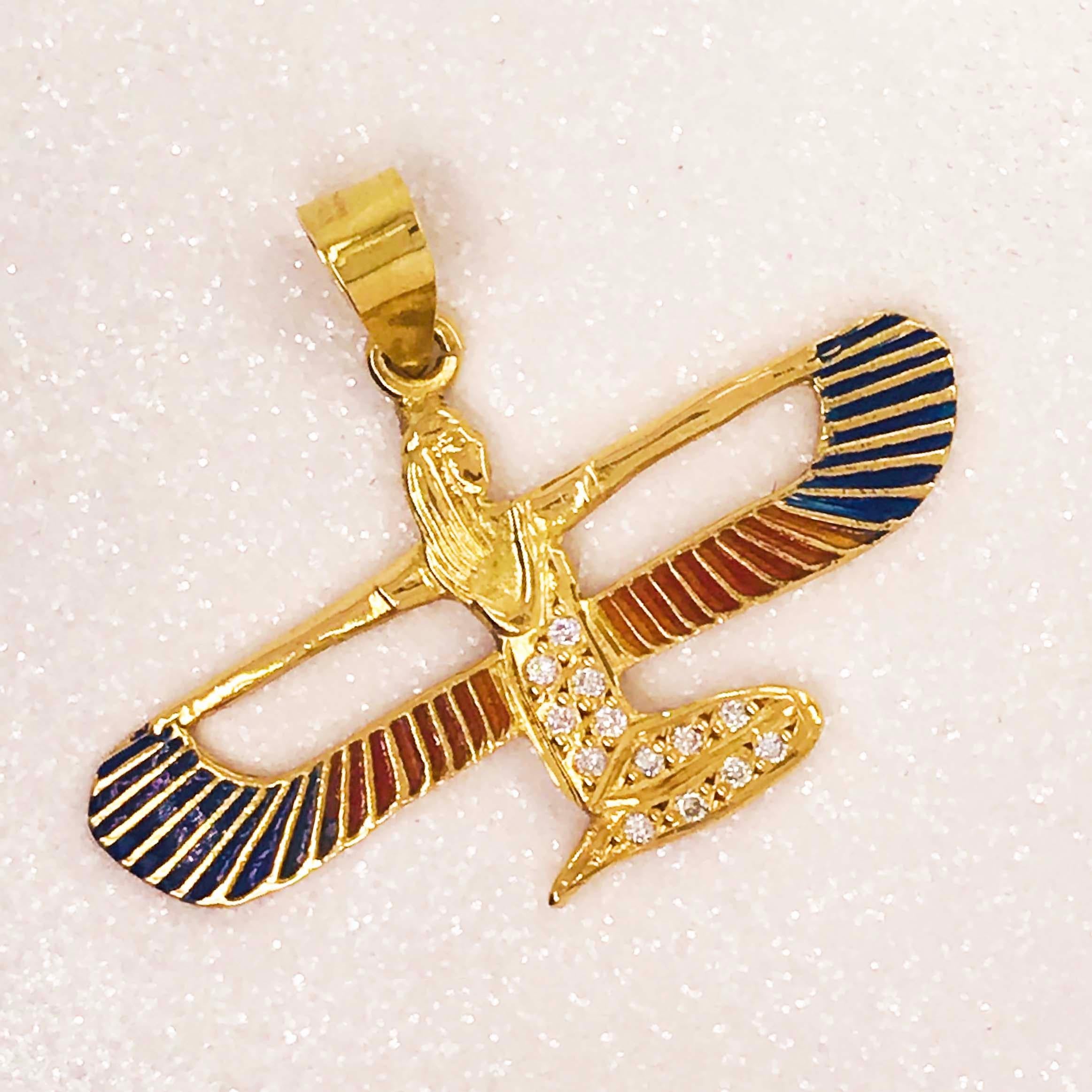 Women's Egyptian Protection Goddess 0.15 Carat Diamond & Enamel Pendant, 14K Yellow Gold