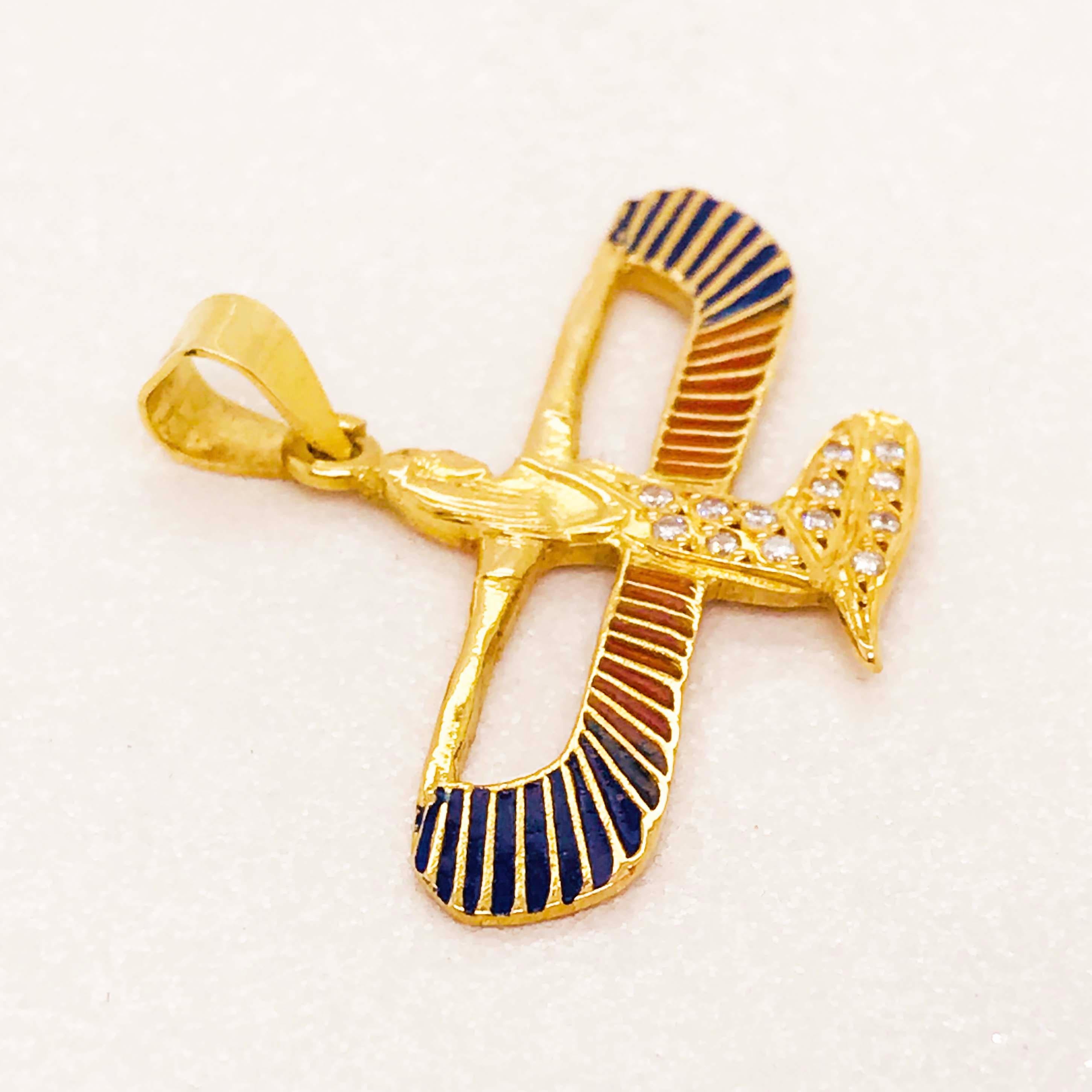 Egyptian Protection Goddess 0.15 Carat Diamond & Enamel Pendant, 14K Yellow Gold 1