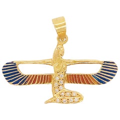Egyptian Protection Goddess 0.15 Carat Diamond & Enamel Pendant, 14K Yellow Gold