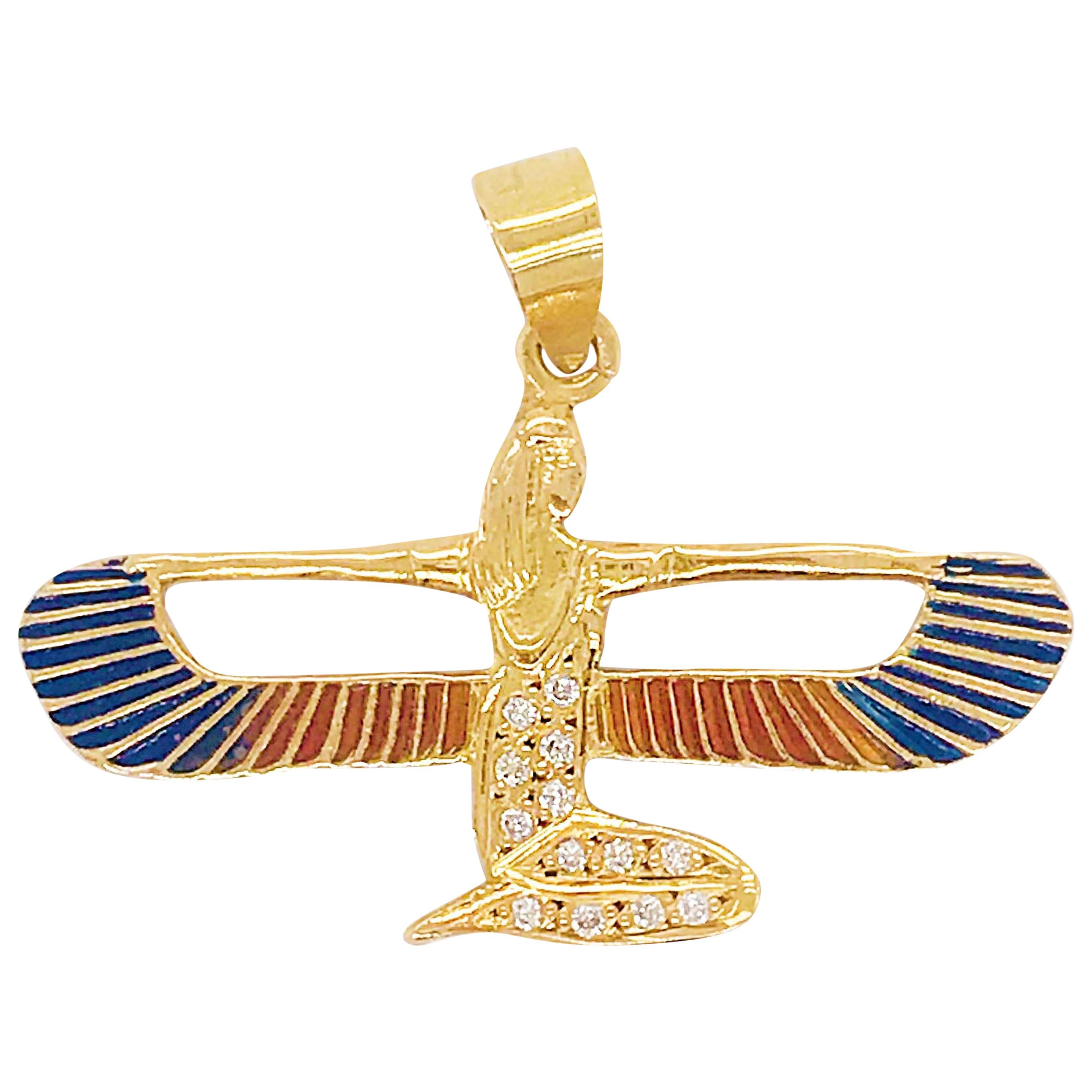 Ägyptische Schutzgöttin, Anhänger aus 14 Karat Gelbgold mit 0,15 Karat Diamant und Emaille