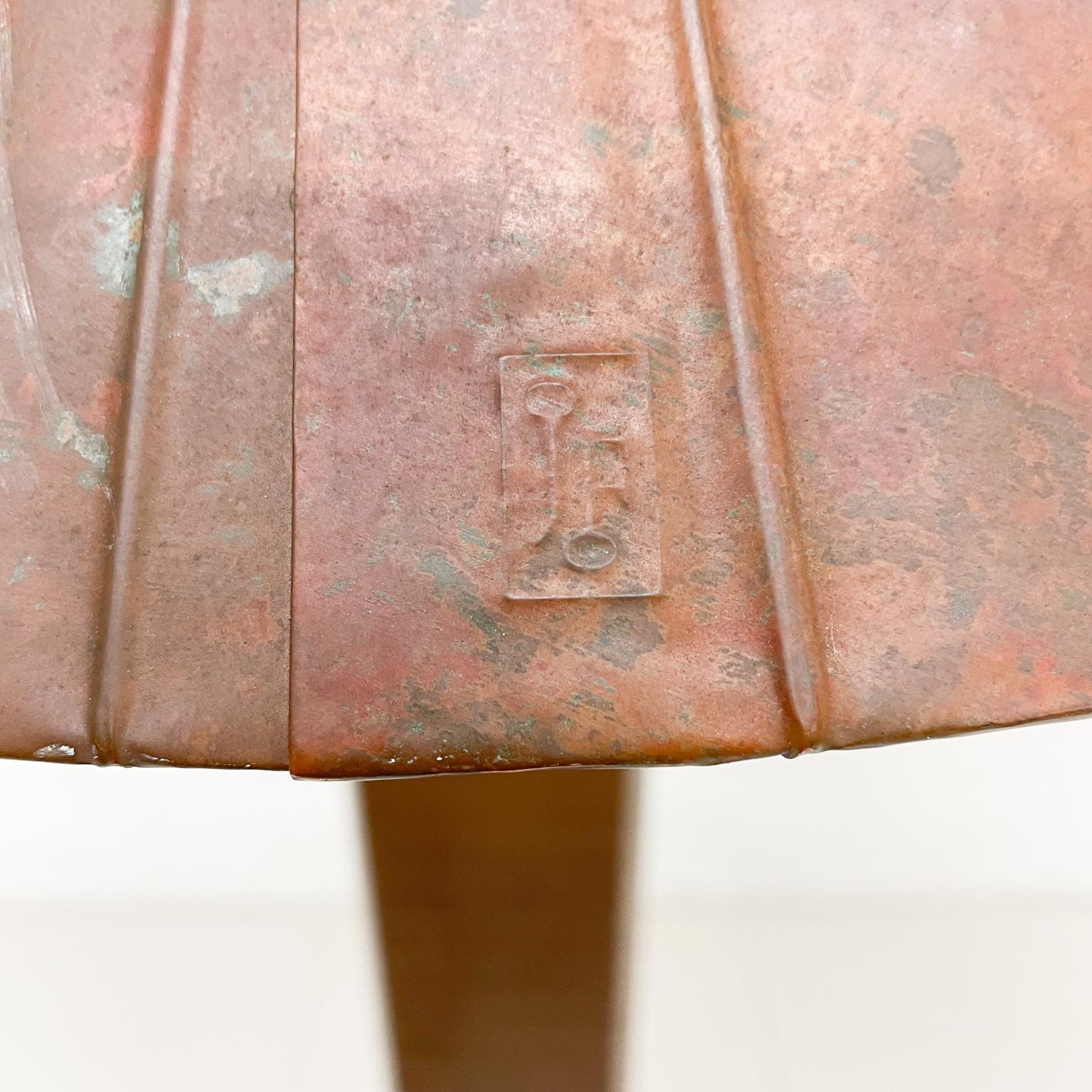 1980s Elegant Tall Column Floor Lamp design of Egyptian pyramid.
Plaster and ribbed copper.
Maker stamp but difficult to read. 
66inches to finial, 57 H to socket, x 10.5 W (base) x 9 D
Shade 25.38 diameter at widest point
Preowned vintage
