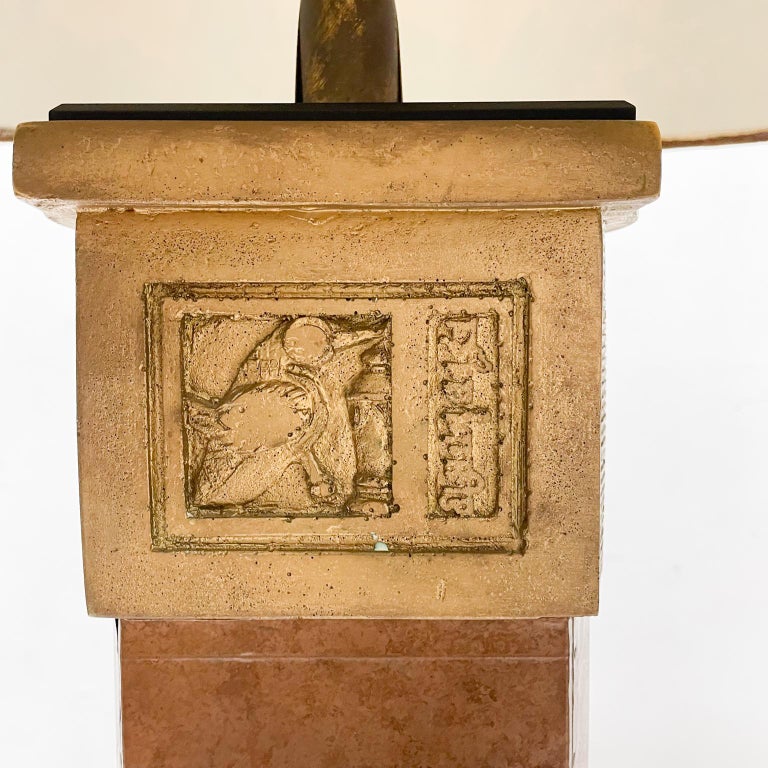 1980s Egyptian Pyramid Floor Lamp Textured Column Plaster and Copper