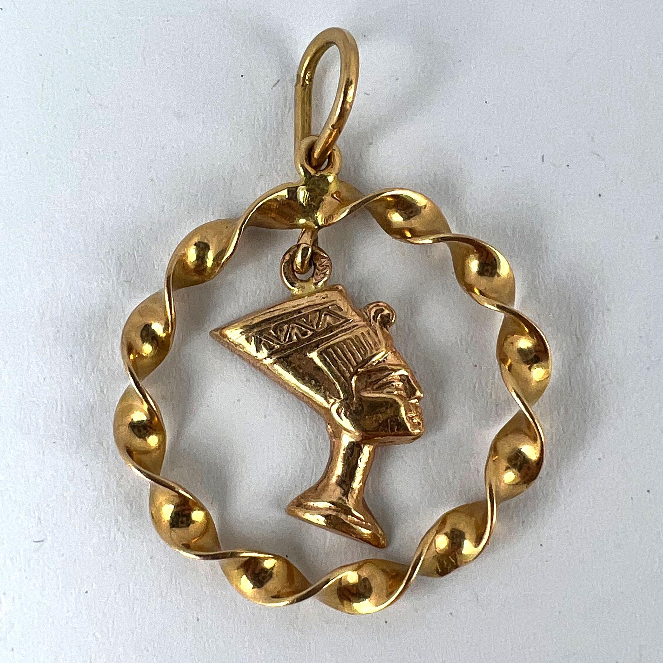 Egyptian Queen Nefertiti Bust Circle 18K Yellow Gold Charm Pendant For Sale 5