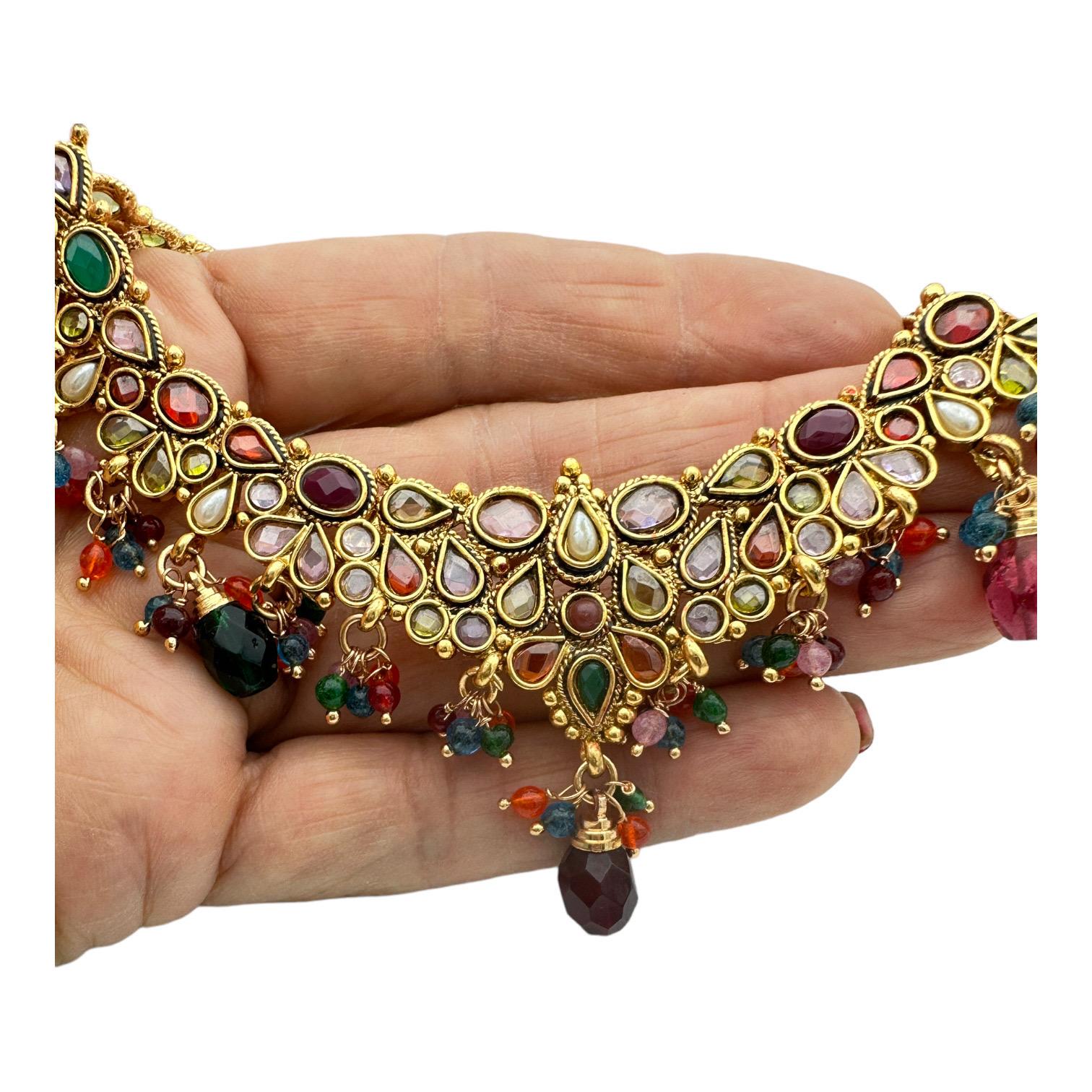 Egyptian Revival Egyptian Red Dangle, Jeweled Gem Necklace 24 Karat Yellow Gold Overlay For Sale