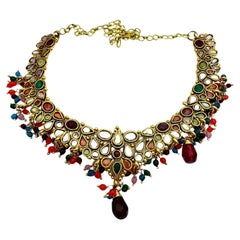 Used Egyptian Red Dangle, Jeweled Gem Necklace 24 Karat Yellow Gold Overlay