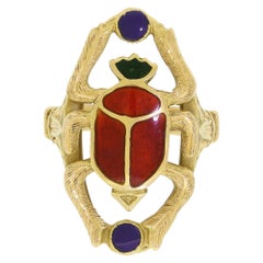 Egyptian Revival 18 Karat Yellow Gold Scarab Ring Vintage Enamel Beetle Bug