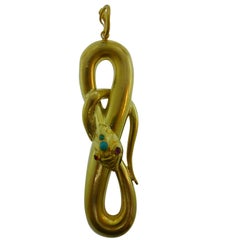 Egyptian Revival 18 Karat Yellow Gold, Turquoise and Tourmaline Snake Pendant