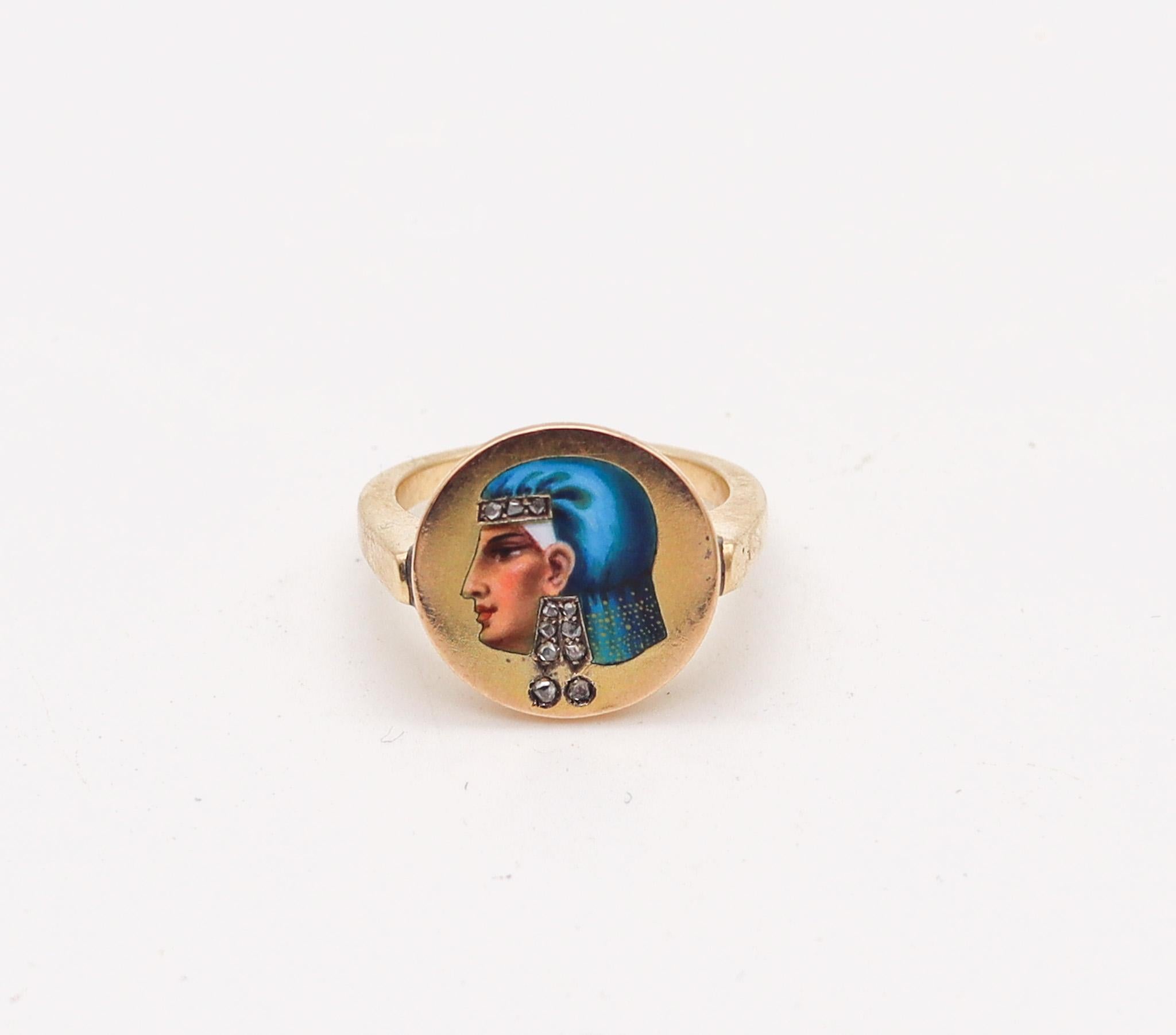 An Egyptian revival ring.

Magnificent antique 19th century ring, created in Europe in the Egyptian revival style, back in the 1860's. The outstanding ring has been crafted with classic patterns in solid yellow gold of 14 karats with high polished