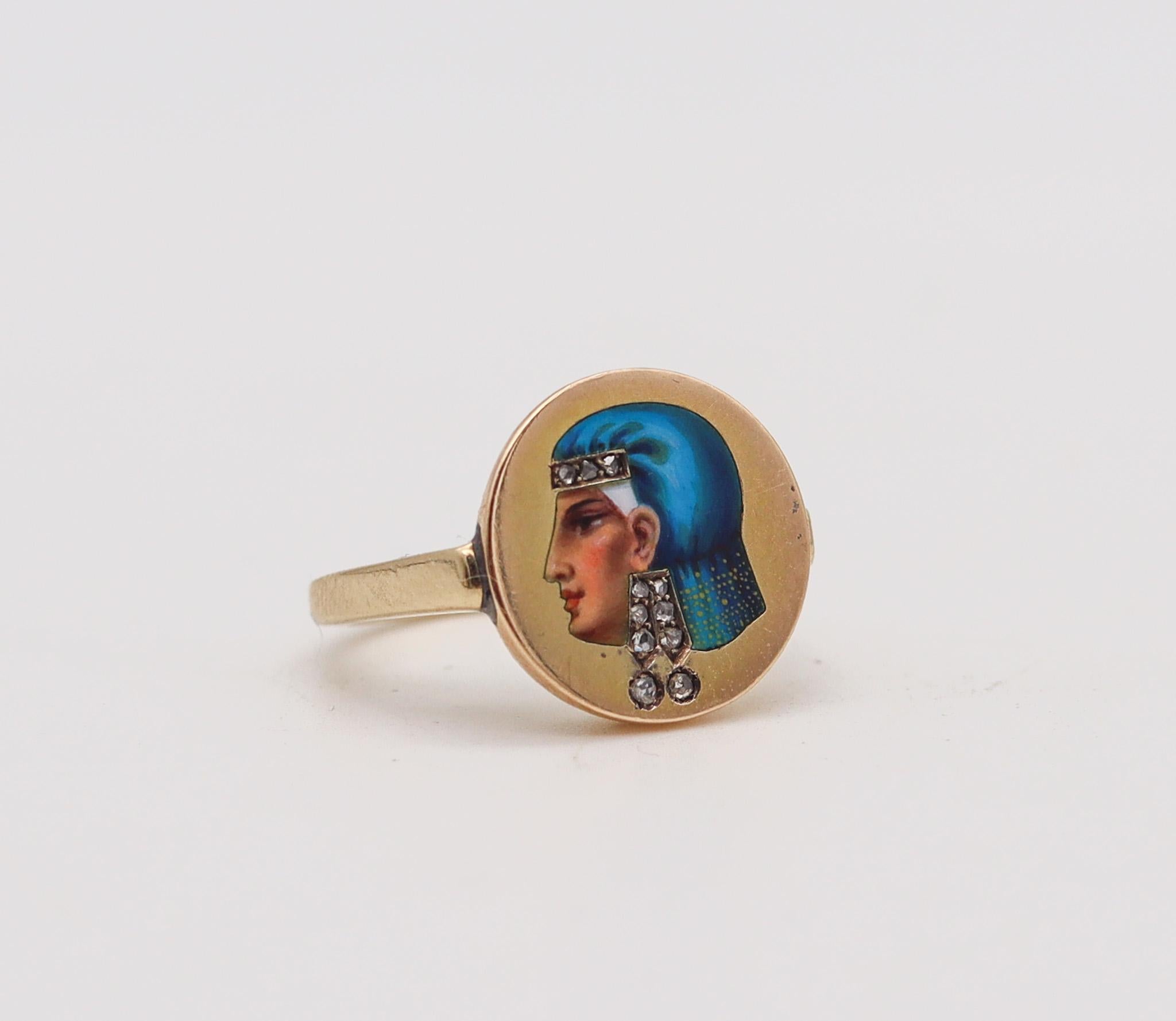 Egyptian Revival EGYPTIAN REVIVAL 1860 Enameled Ring In 14Kt Yellow Gold With Diamonds For Sale