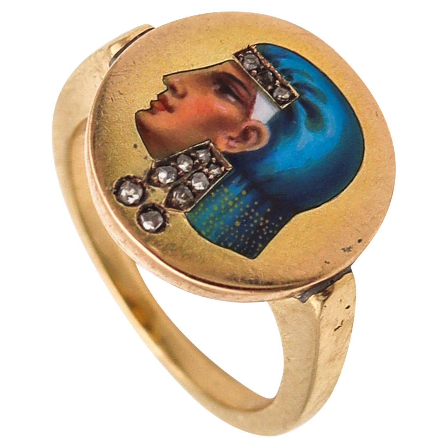 EGYPTIAN REVIVAL 1860 Enameled Ring In 14Kt Yellow Gold With Diamonds For Sale