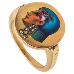 Antique EGYPTIAN REVIVAL 1860 Enameled Ring In 14Kt Yellow Gold With Diamonds