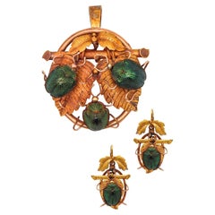 Egyptian Revival 1870 Victorian Natural Scarab Beetles Suite in Box in 14Kt Gold