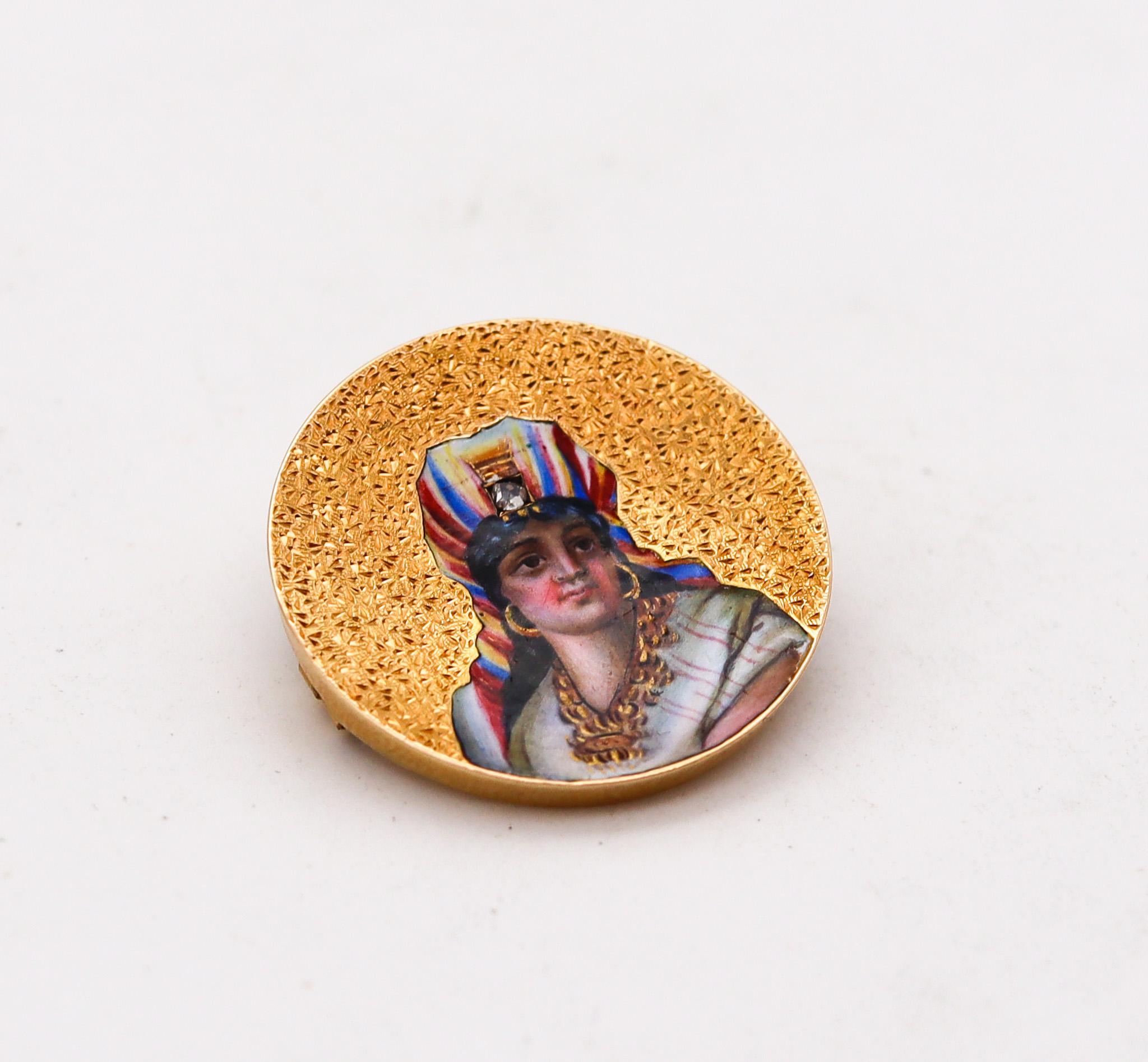 Rose Cut Egyptian Revival 1880 Round Enameled Queen Brooch In 18Kt Gold With Diamond For Sale
