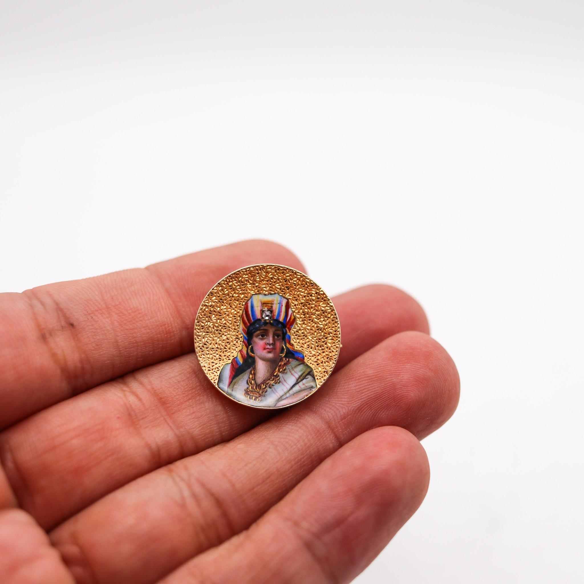 Egyptian Revival 1880 Round Enameled Queen Brooch In 18Kt Gold With Diamond For Sale 1