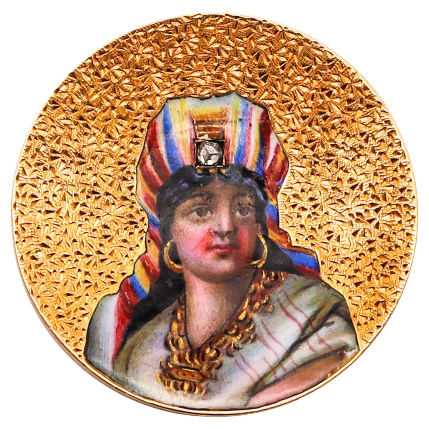 Egyptian Revival 1880 Round Enameled Queen Brooch In 18Kt Gold With Diamond