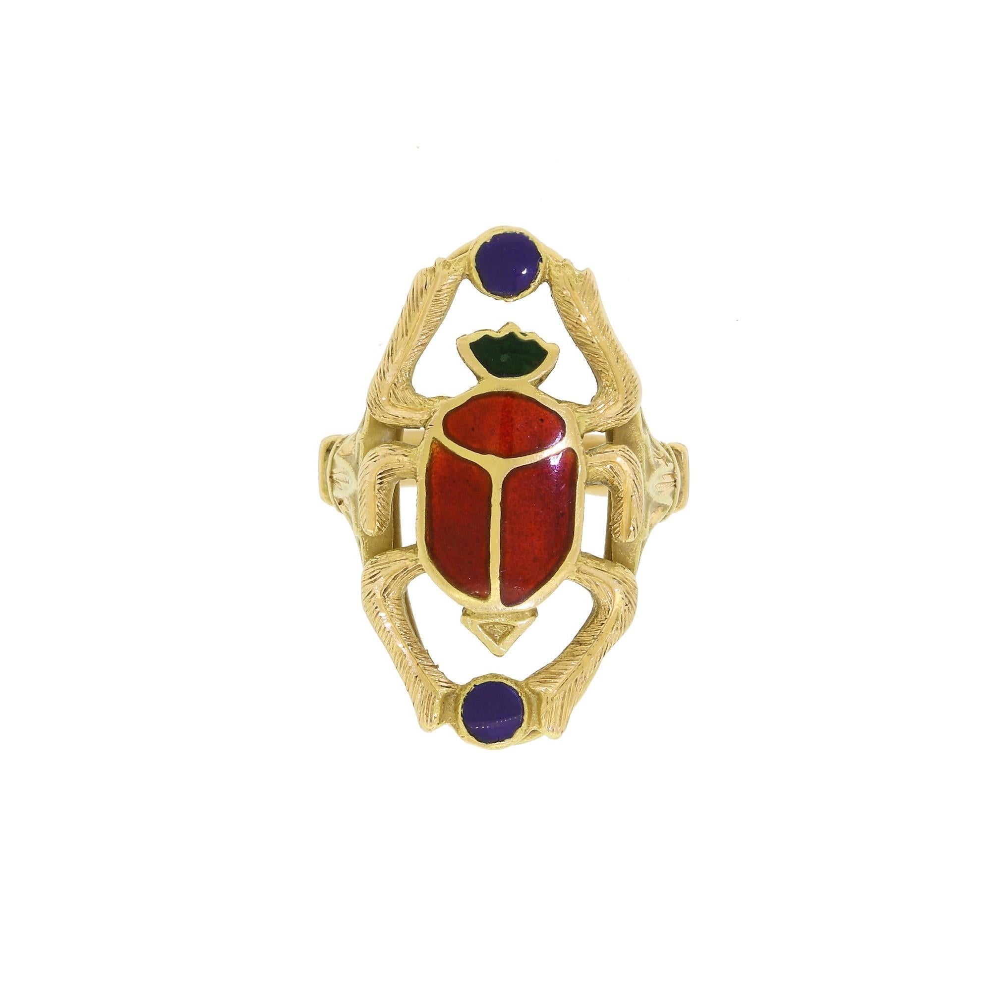 Egyptian Revival 18 Karat Yellow Gold Scarab Ring Vintage Enamel Beetle Bug 3