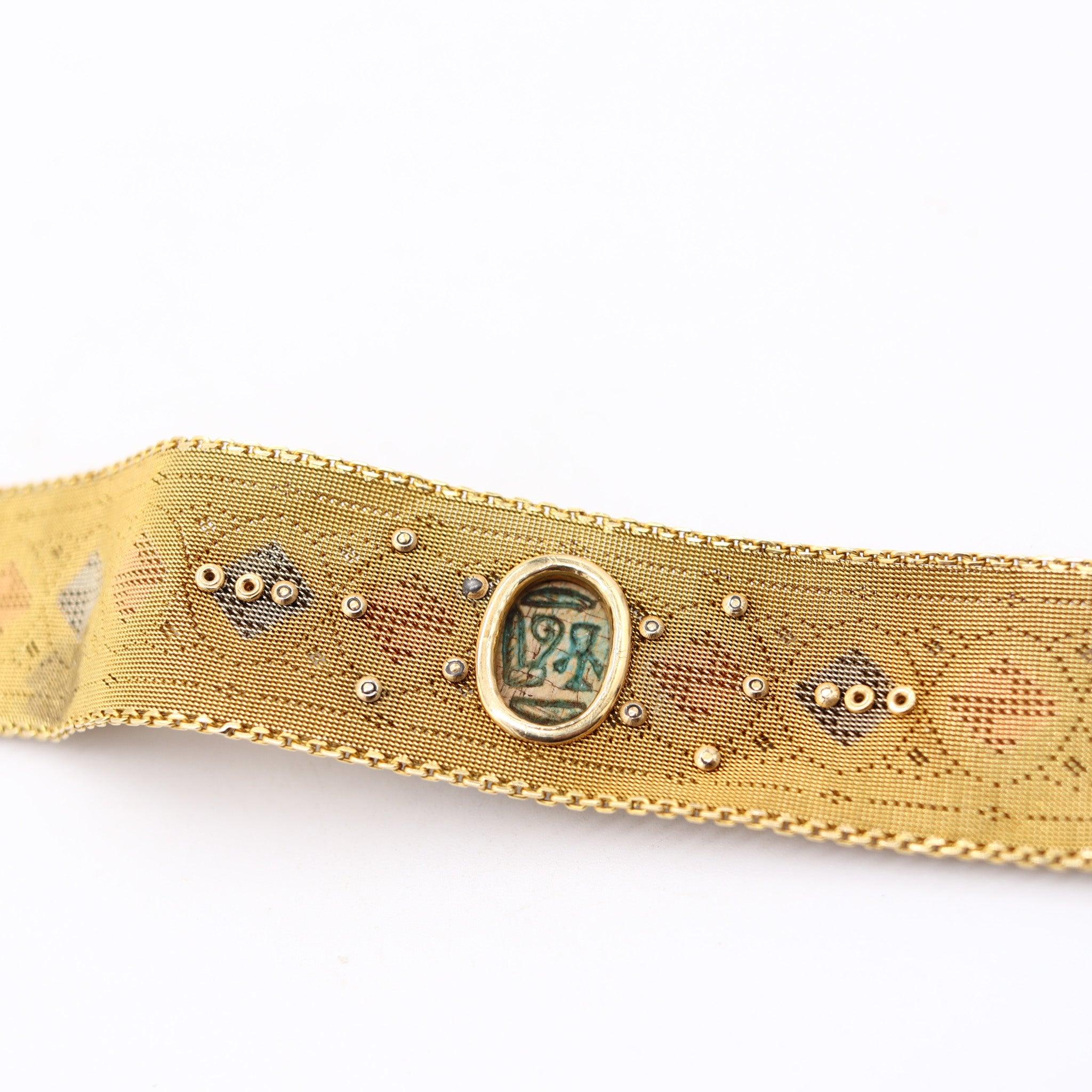 EGYPTIAN REVIVAL 1920 Italian Art Deco Mesh Bracelet en or 18Kt avec pierres précieuses Pour femmes en vente