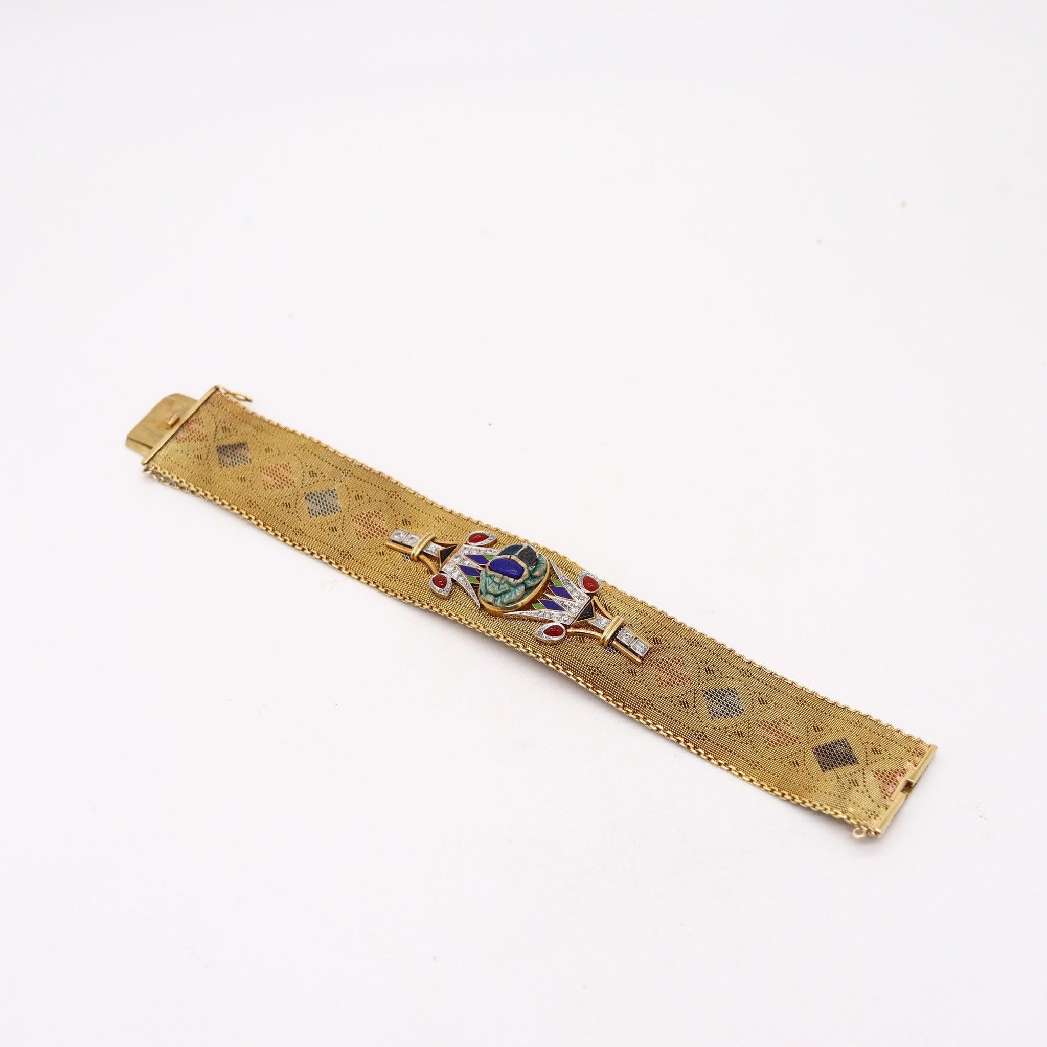 EGYPTIAN REVIVAL 1920 Italian Art Deco Mesh Bracelet en or 18Kt avec pierres précieuses en vente 2