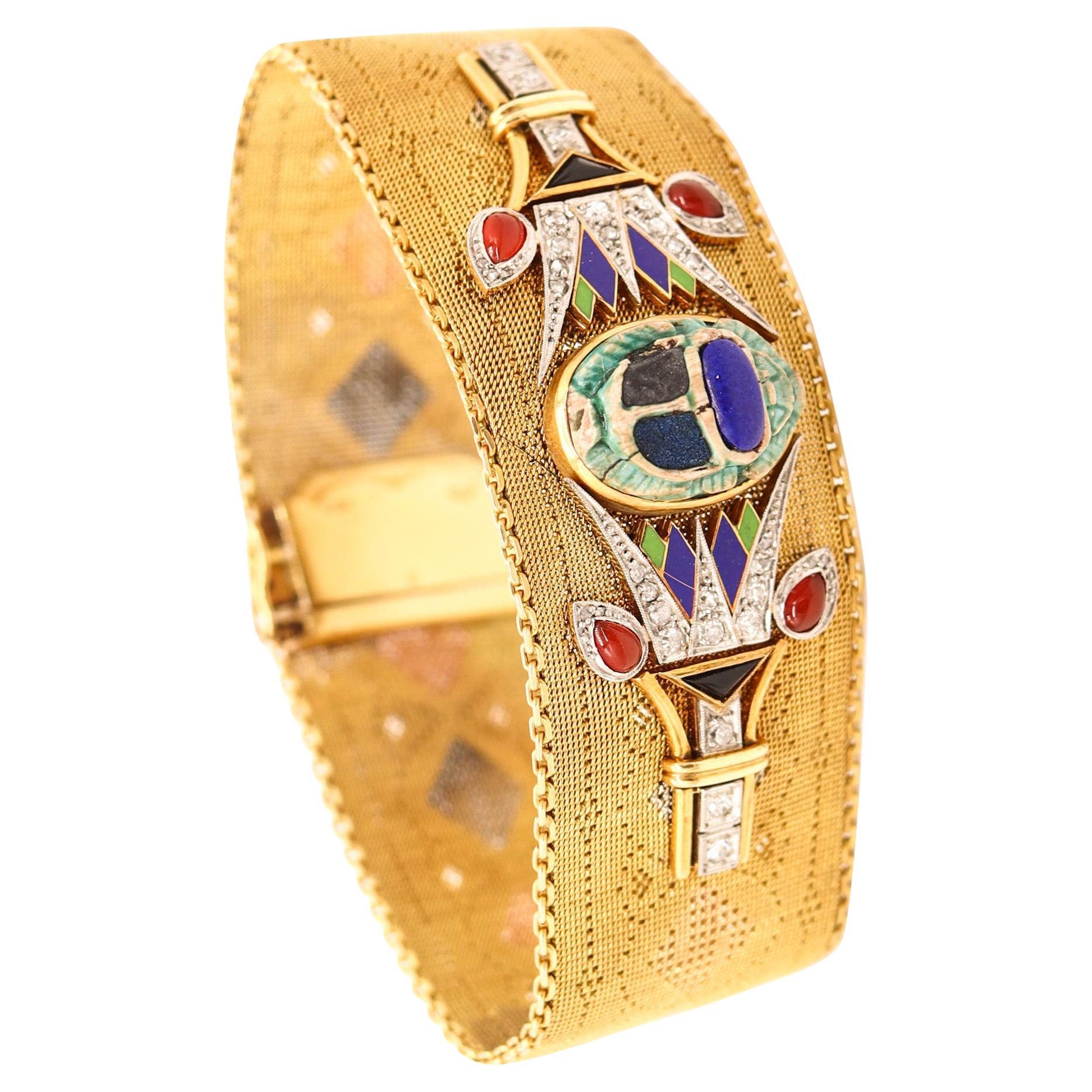 EGYPTIAN REVIVAL 1920 Italian Art Deco Mesh Bracelet en or 18Kt avec pierres précieuses