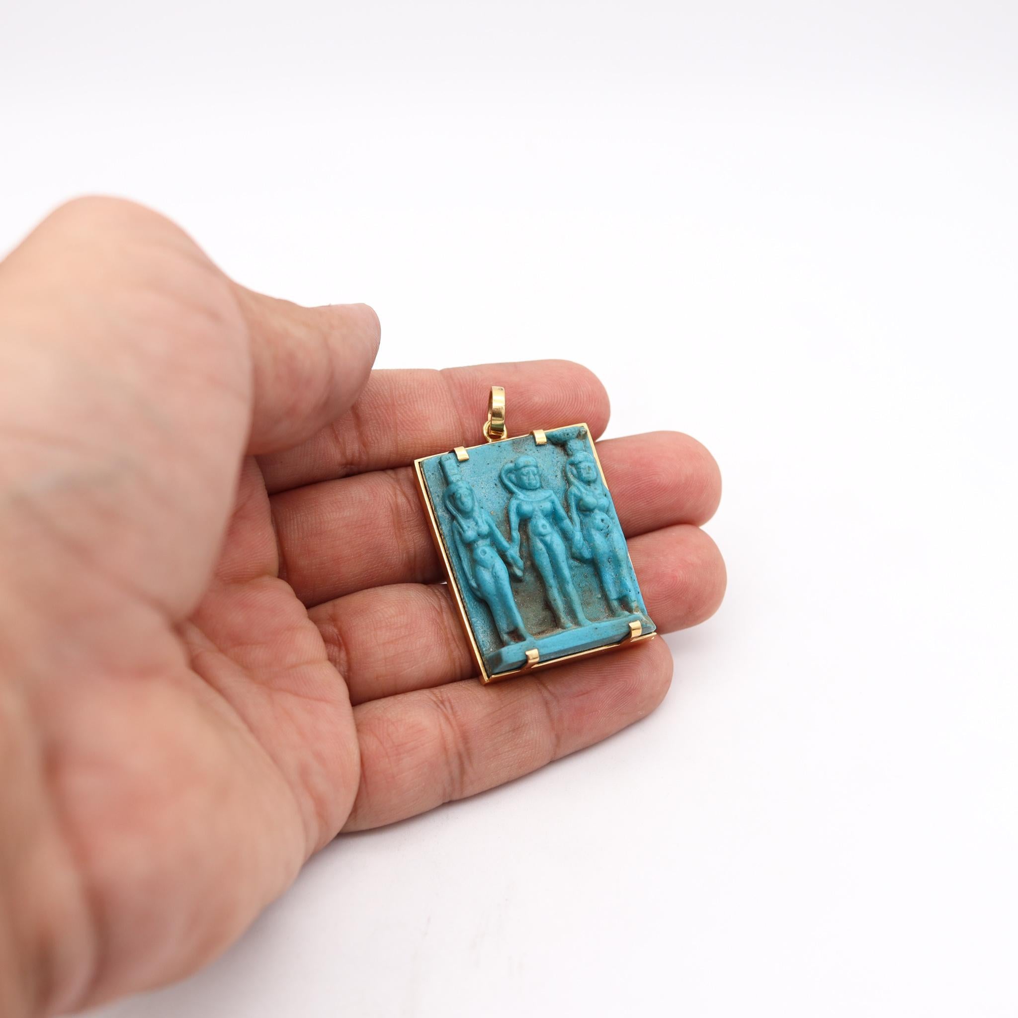 Women's or Men's Egyptian Revival 664 BC Blue Faience Triad of Gods Pendant in 18kt Yellow Gold