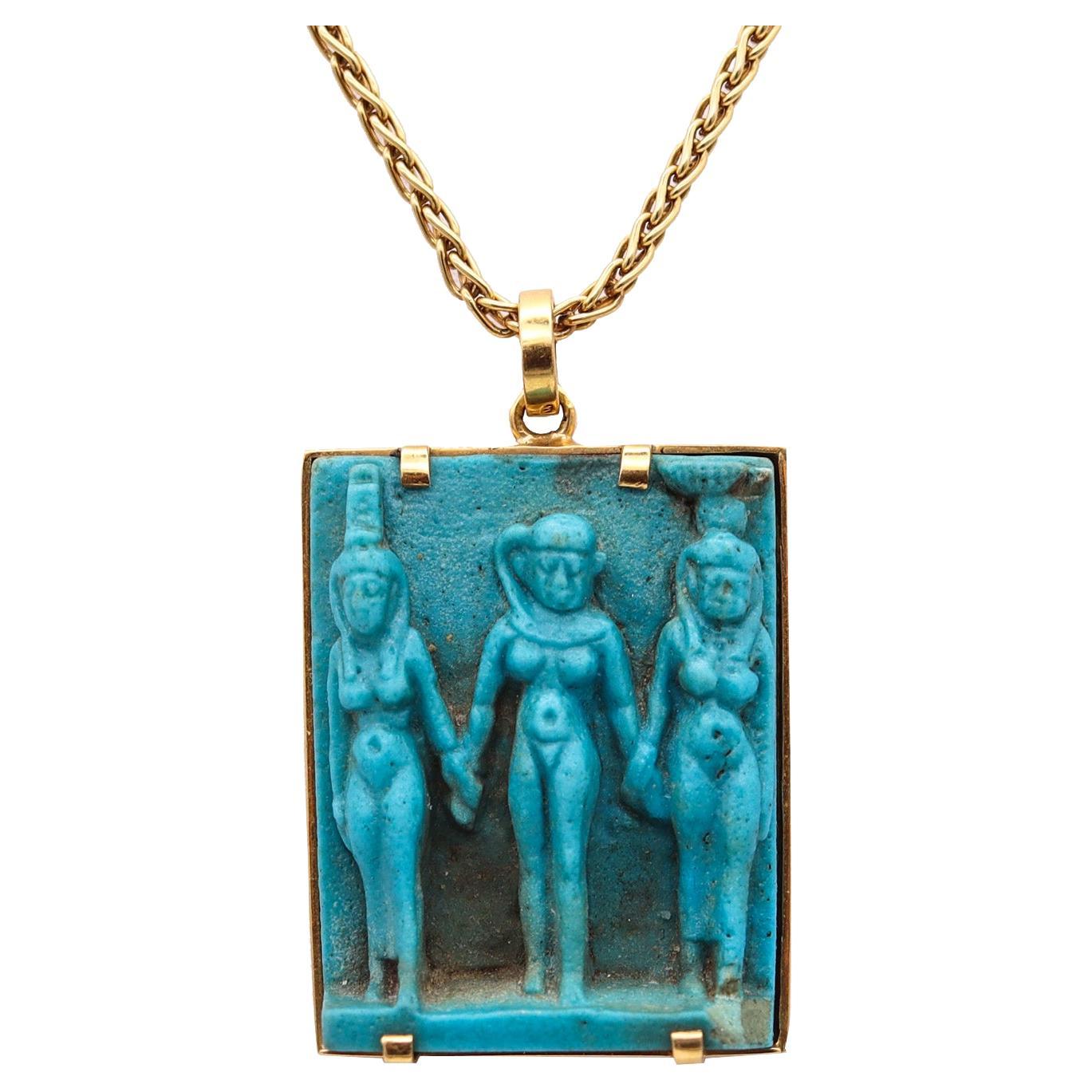 Egyptian Revival 664 BC Blue Faience Triad of Gods Pendant in 18kt Yellow Gold