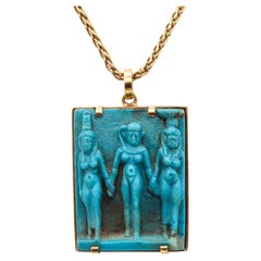 Antique Egyptian Revival 664 BC Blue Faience Triad of Gods Pendant in 18kt Yellow Gold