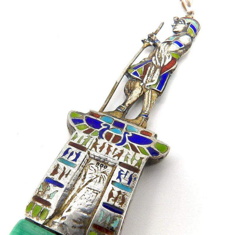 Cabochon Egyptian Revival 800 Silver Enamel Figurative Pendant with Malachite For Sale