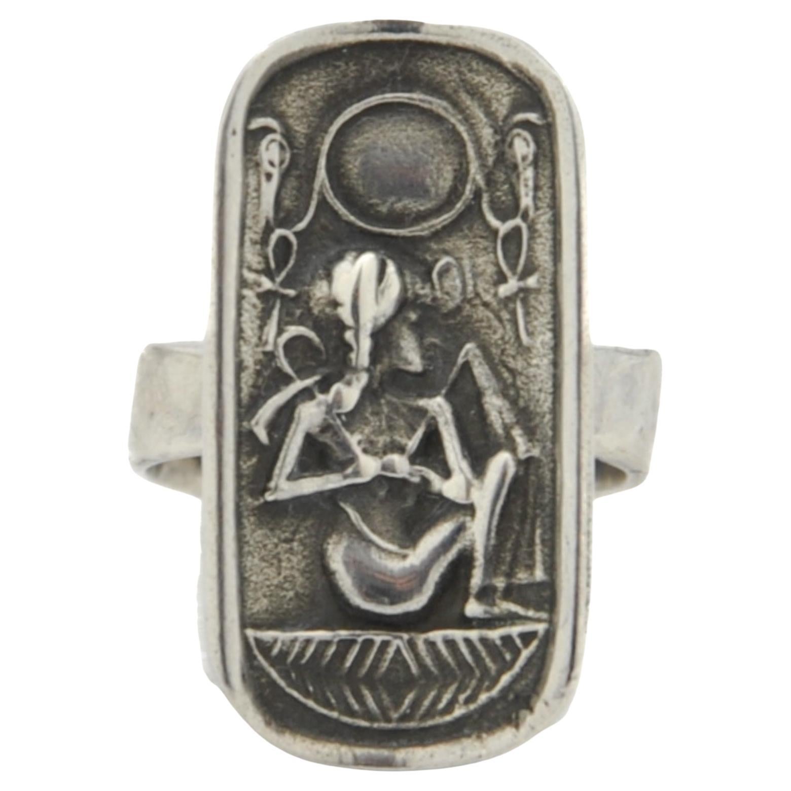 Egyptian Revival 925 Silver Pharaoh Ankh Crook and Flail Ring For Sale
