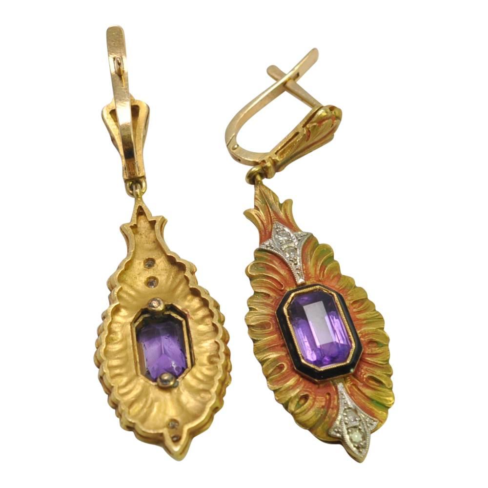 Emerald Cut Egyptian Revival Amethyst Diamond Enamel Gold Earrings